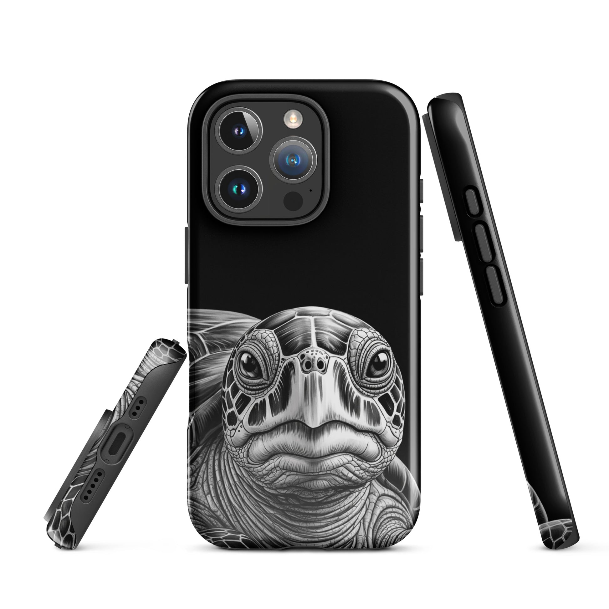 Phone Case featuring ancient sea turtle art, black-and-white pencil sketch, for stylish protection and calm elegance.