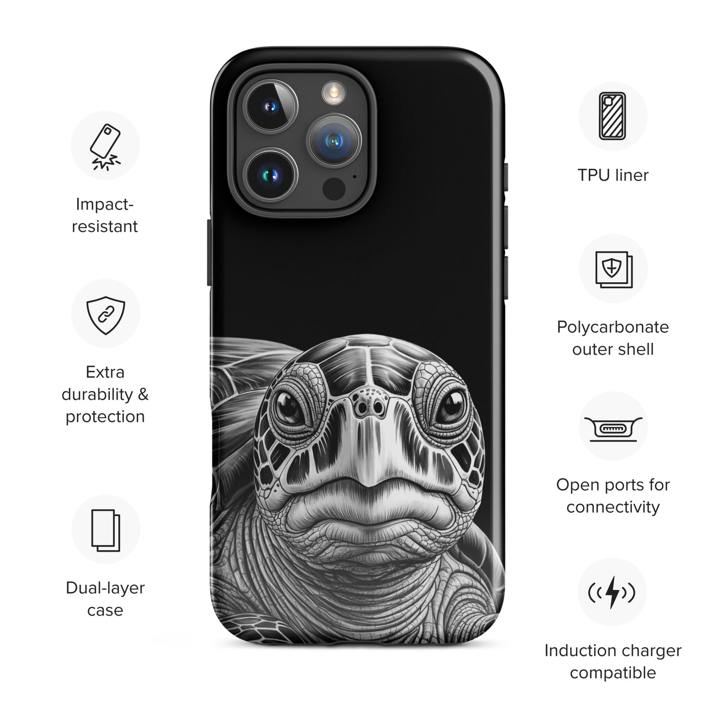 Phone Case with ancient sea turtle art, black-and-white sketch for iPhone, impact-resistant, durable, dual-layer protection, wireless charging