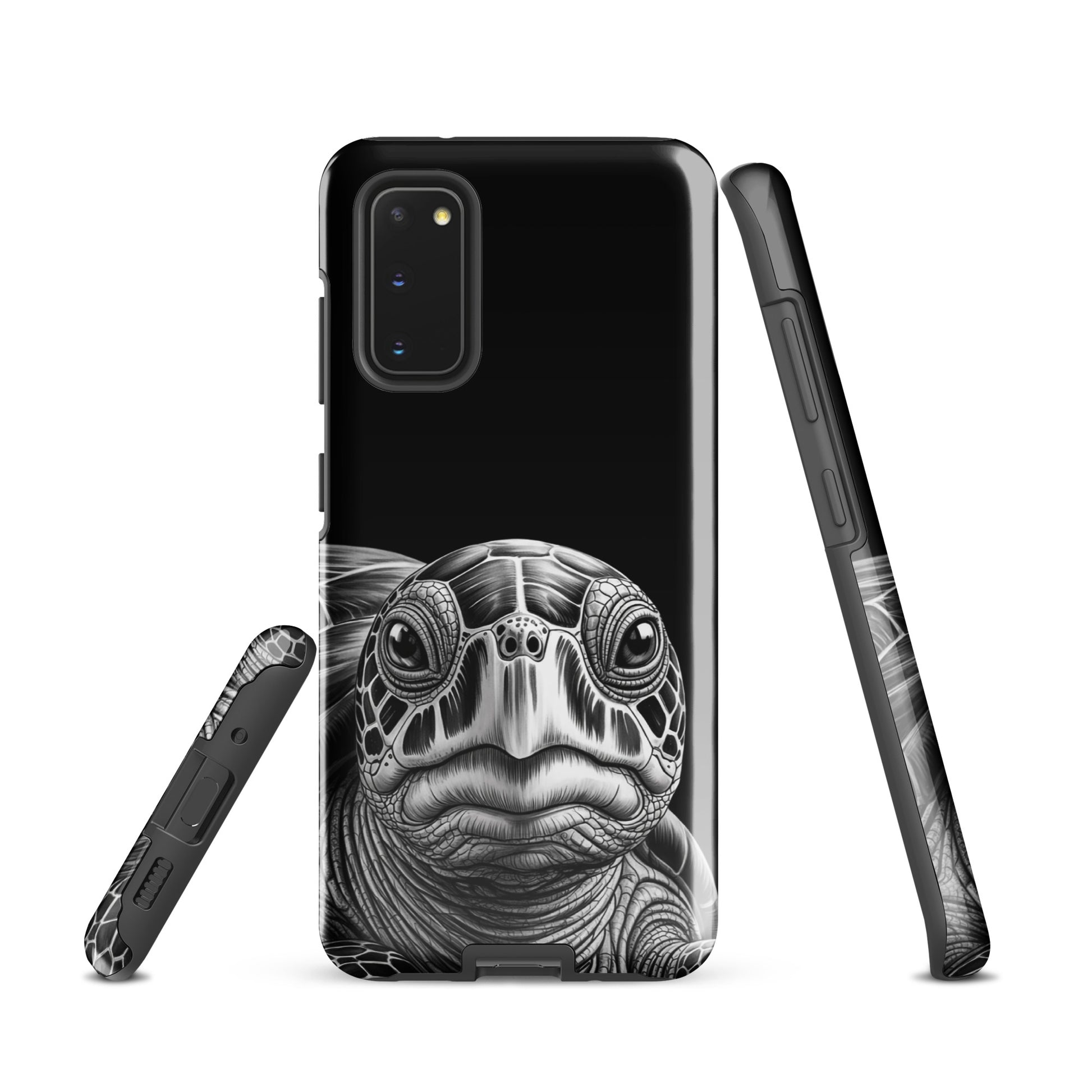 Phone Case for Samsung Galaxy featuring ancient sea turtle design in black and white, emphasizing protection and artful elegance.