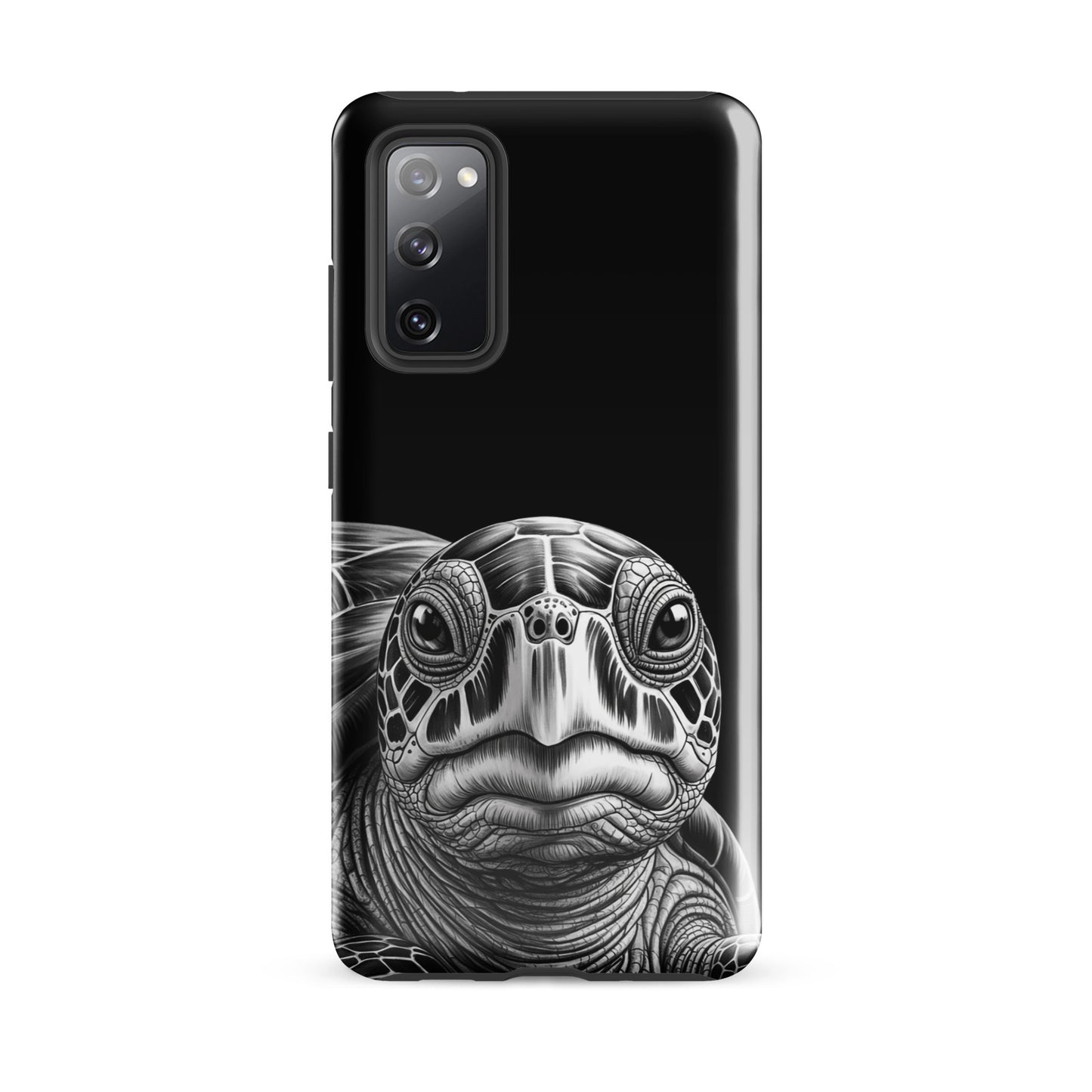 Phone Case for Samsung Galaxy featuring a black and white sketch of an ancient sea turtle with intricate details and soulful gaze.