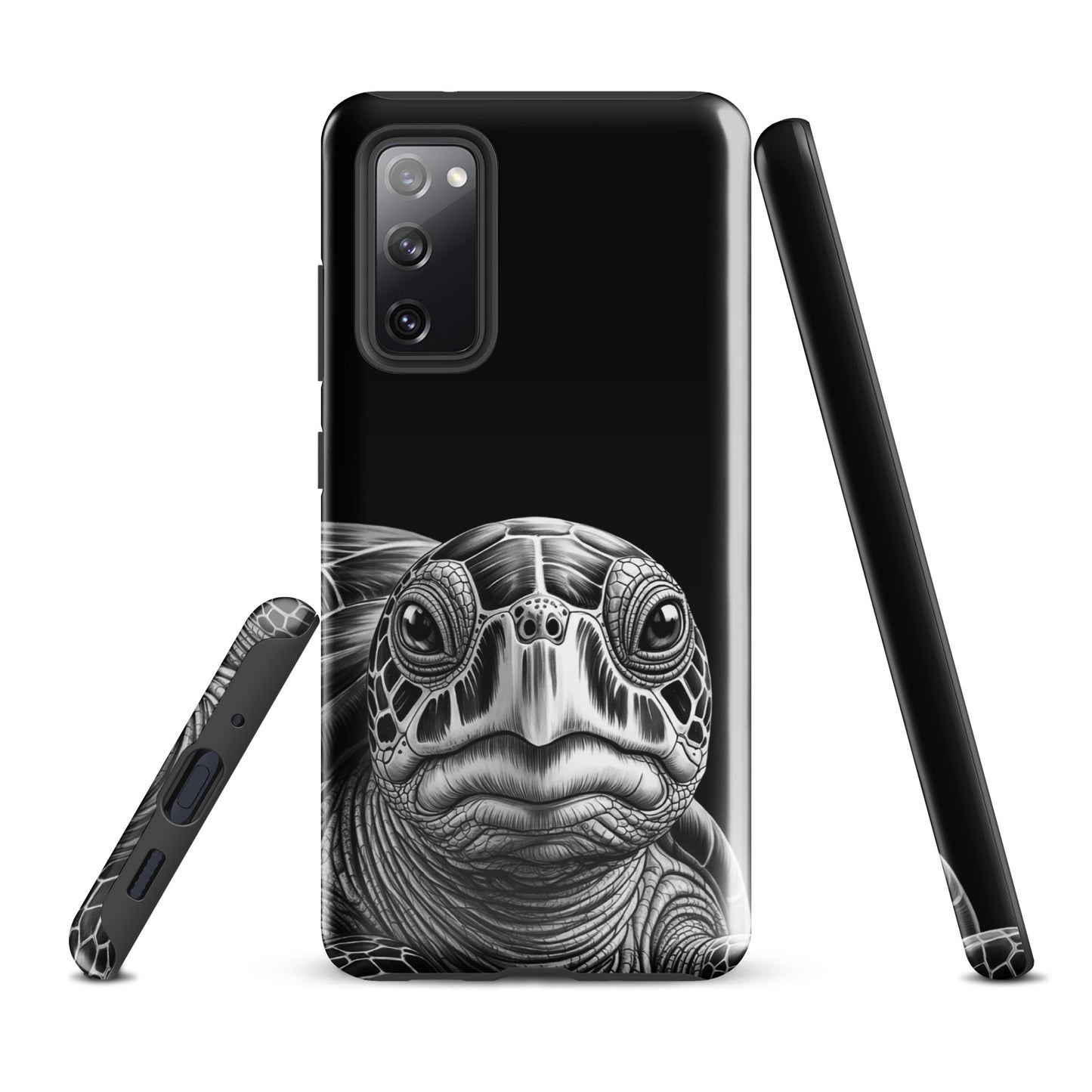 Phone Case for Samsung Galaxy with ancient sea turtle design, showcasing detailed black-and-white pencil sketch of turtle's soulful gaze.