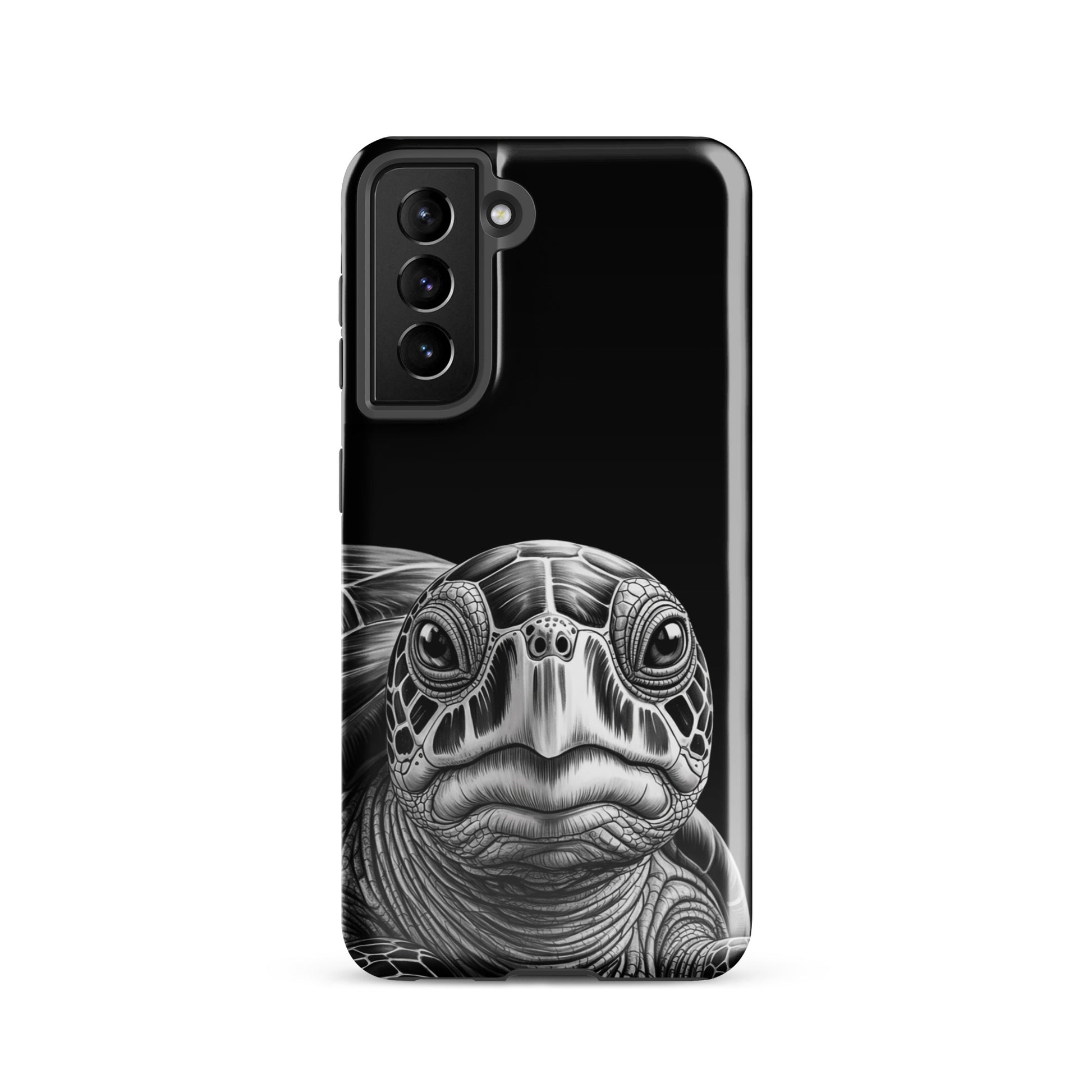 Phone Case for Samsung Galaxy featuring black and white ancient sea turtle design, showcasing detailed art and protection.