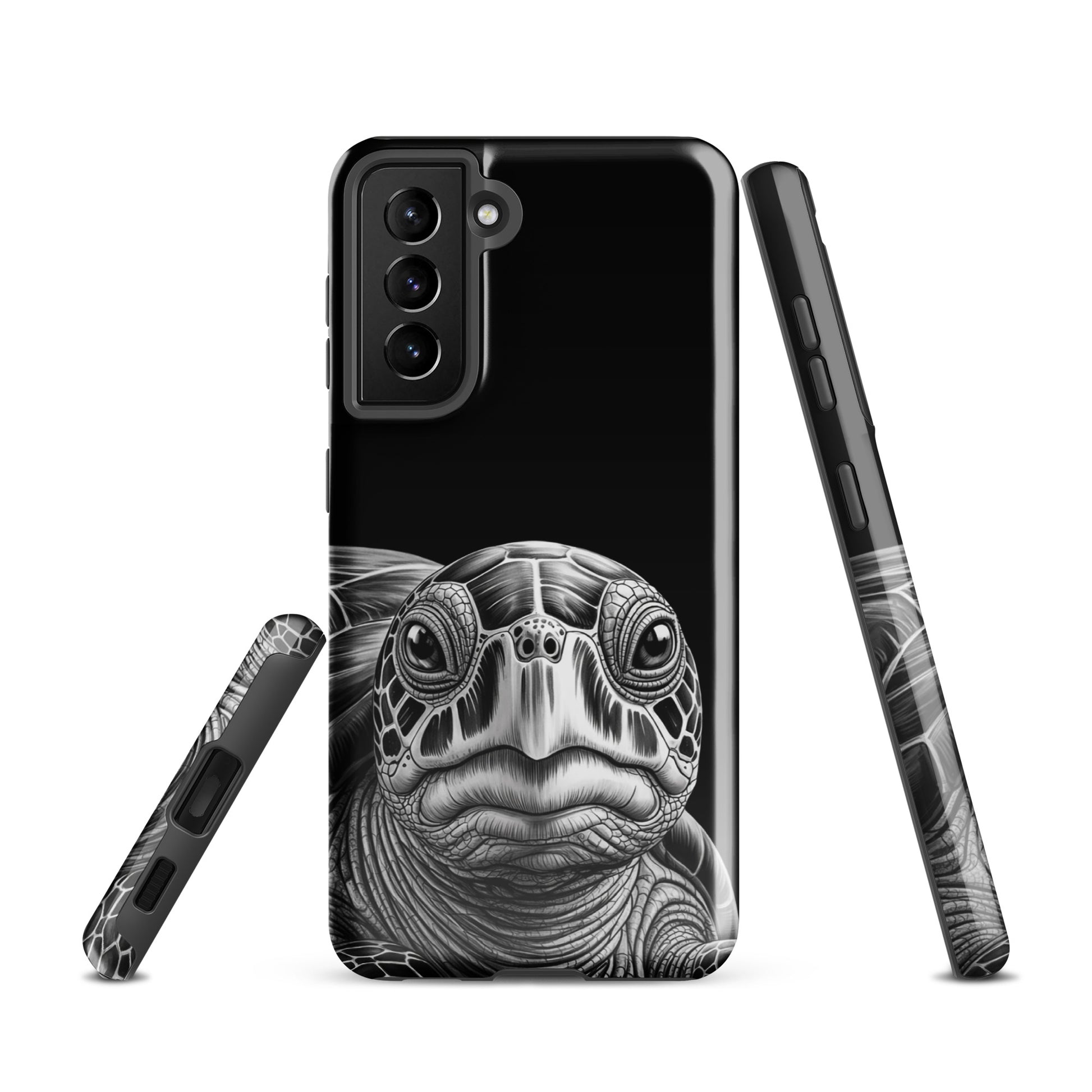 Phone Case for Samsung Galaxy featuring a black-and-white pencil sketch of an ancient sea turtle with intricate shell design.