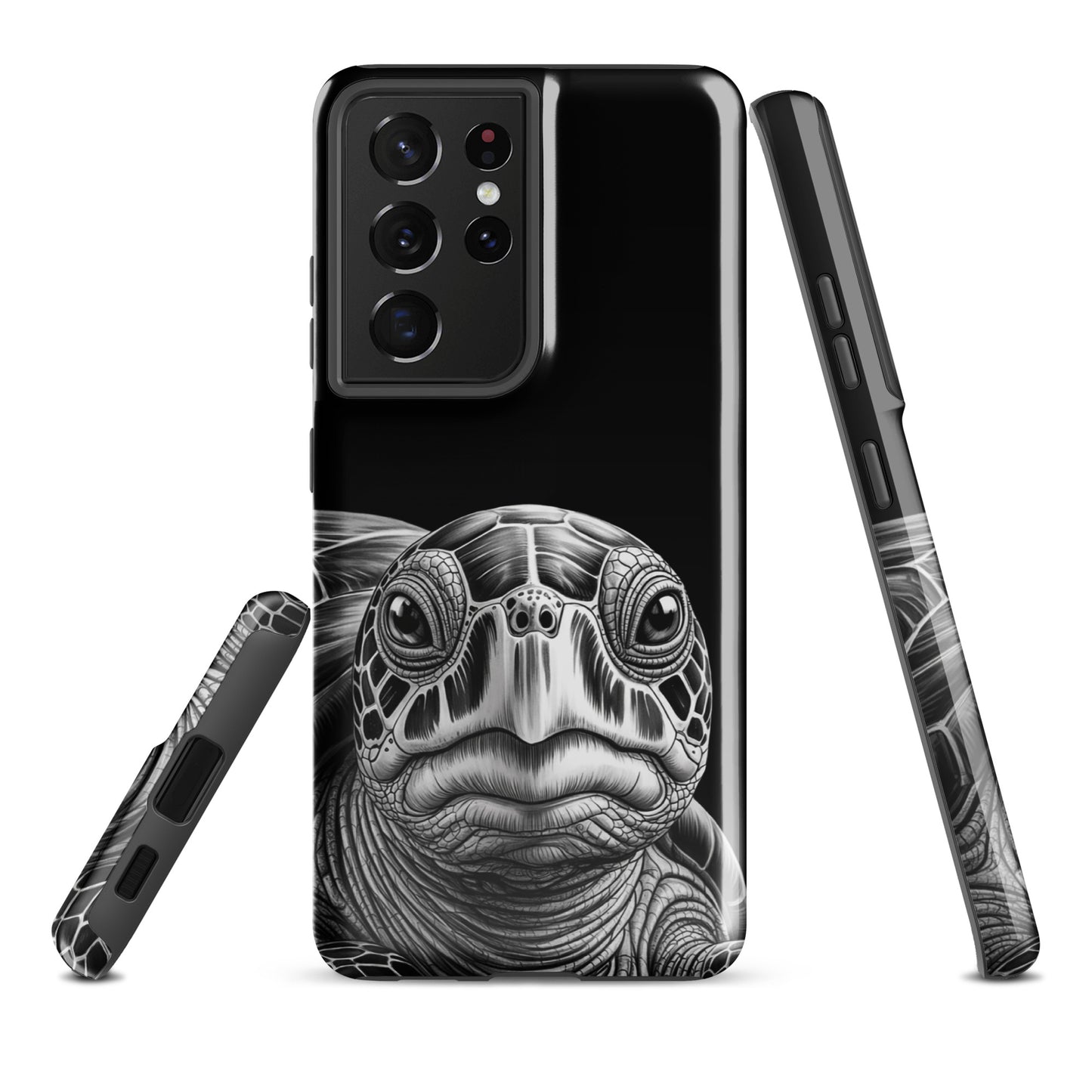 Phone Case for Samsung Galaxy with ancient sea turtle design, featuring hyper-realistic black-and-white sketch on a sleek cover.