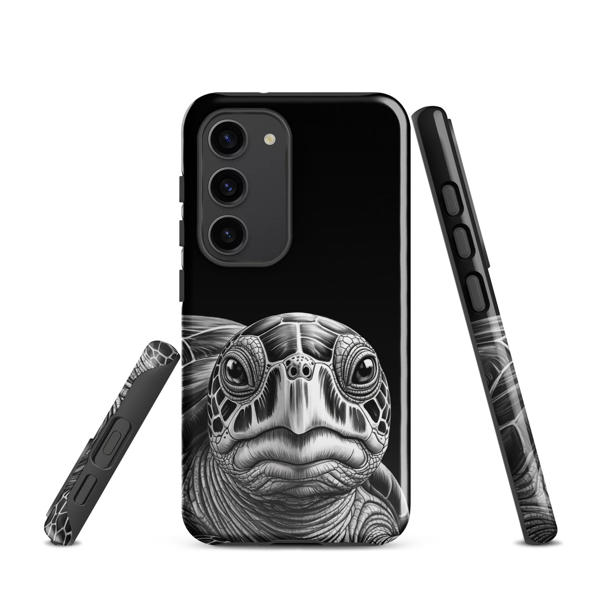Phone Case for Samsung Galaxy with ancient sea turtle design, featuring intricate pencil sketch details on black background.