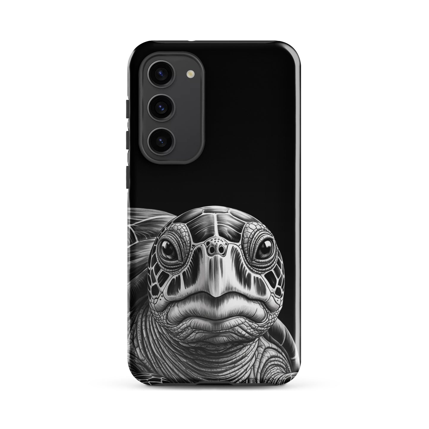 Phone Case for Samsung Galaxy with ancient sea turtle design, black-and-white pencil sketch showcasing detailed turtle features and shell geometry.