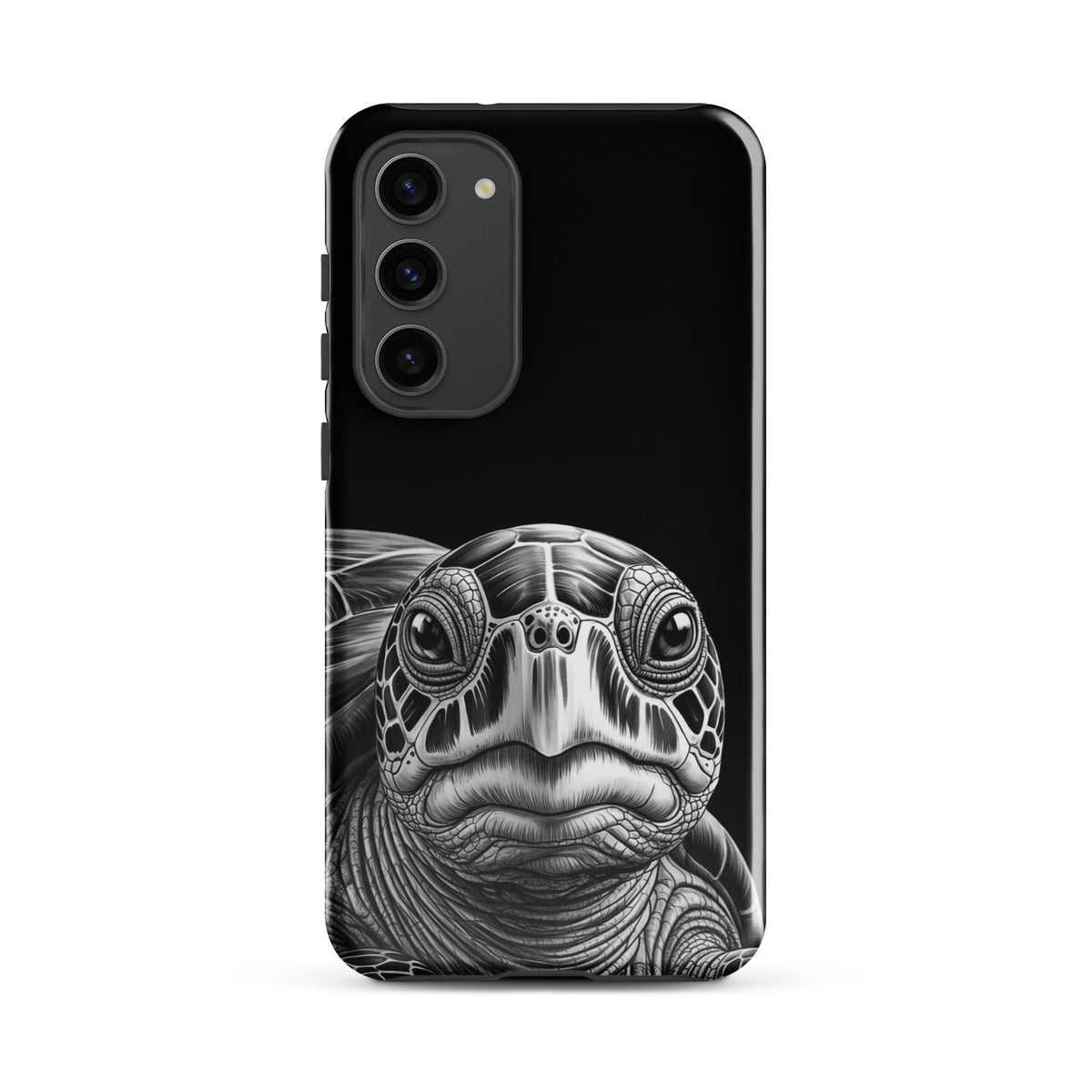 Phone Case for Samsung Galaxy with ancient sea turtle design, black-and-white pencil sketch showcasing detailed turtle features and shell geometry.