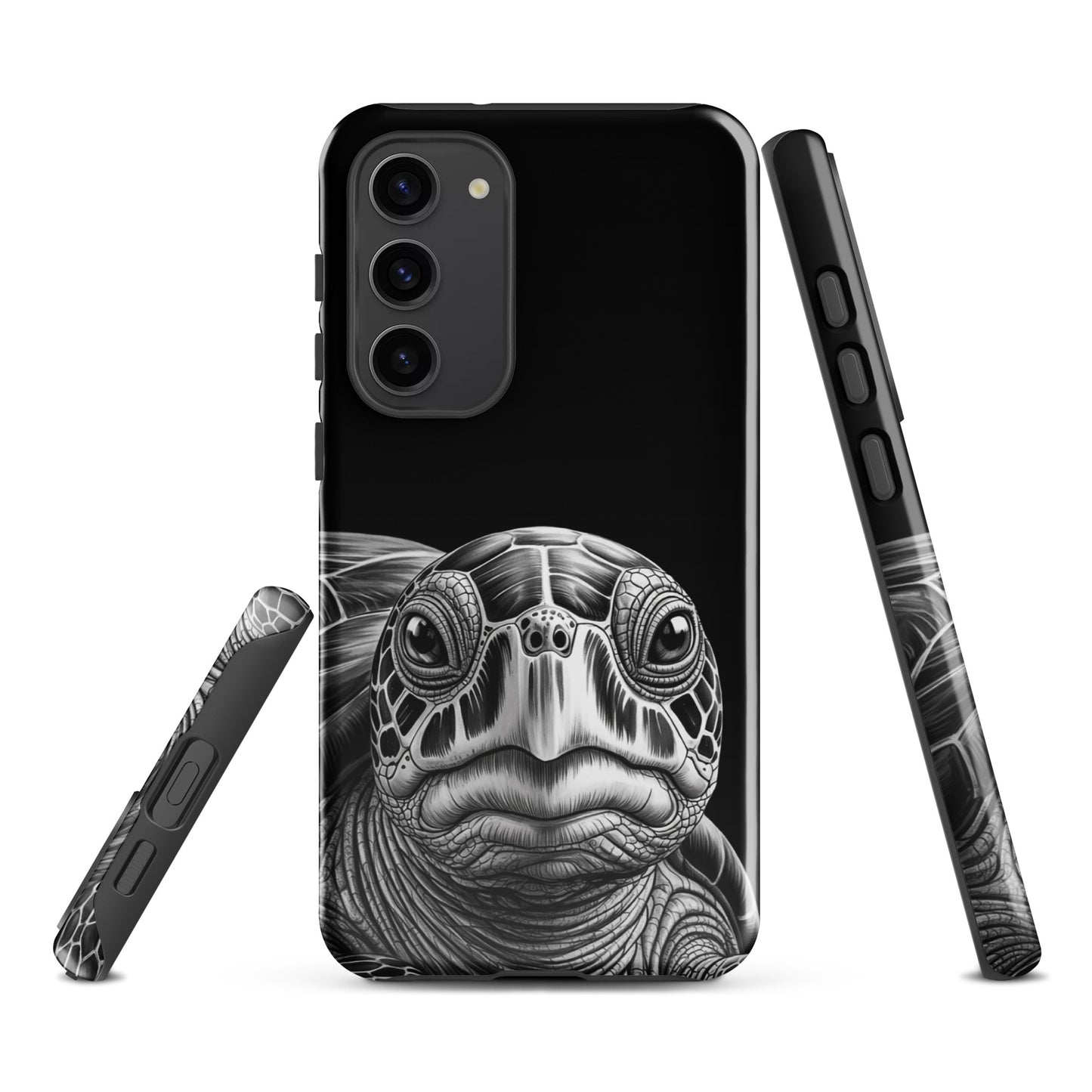 Phone Case for Samsung Galaxy with ancient sea turtle sketch design, luxurious black-and-white art capturing turtle's soulful gaze.