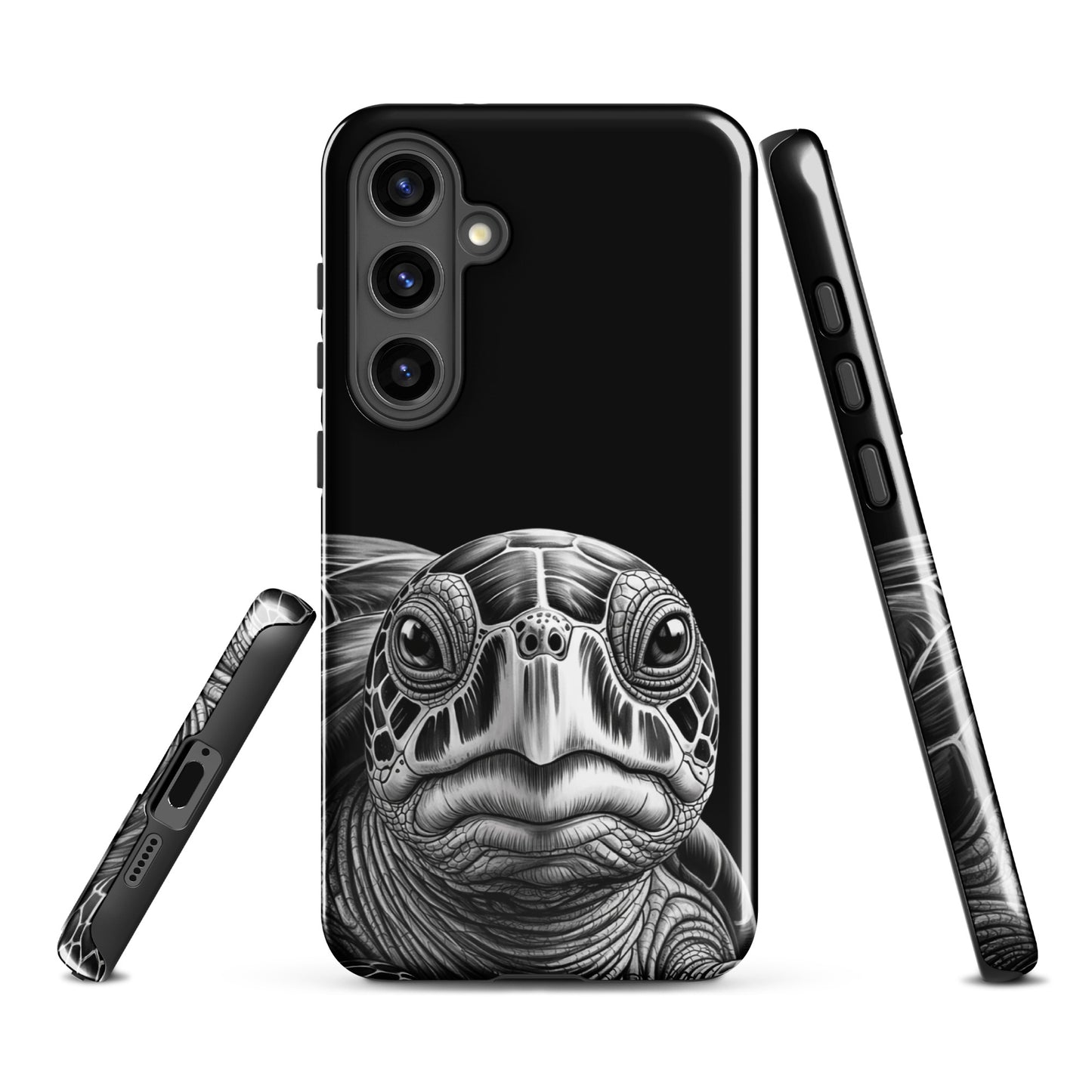 Phone Case for Samsung Galaxy with black and white ancient sea turtle design, highlighting its intricate shell and soulful gaze.