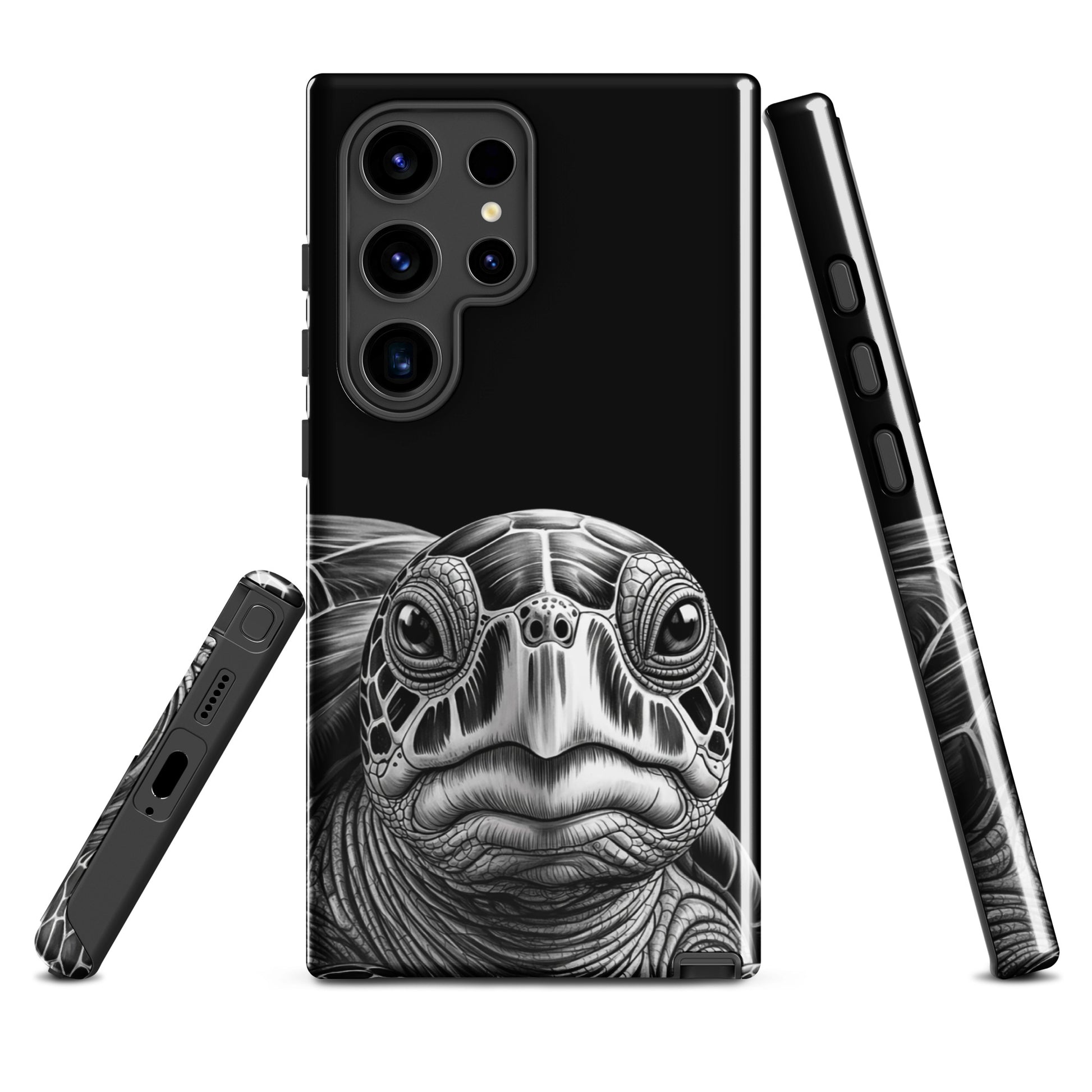 Phone Case for Samsung Galaxy with ancient sea turtle design, featuring a detailed pencil sketch on black surface.