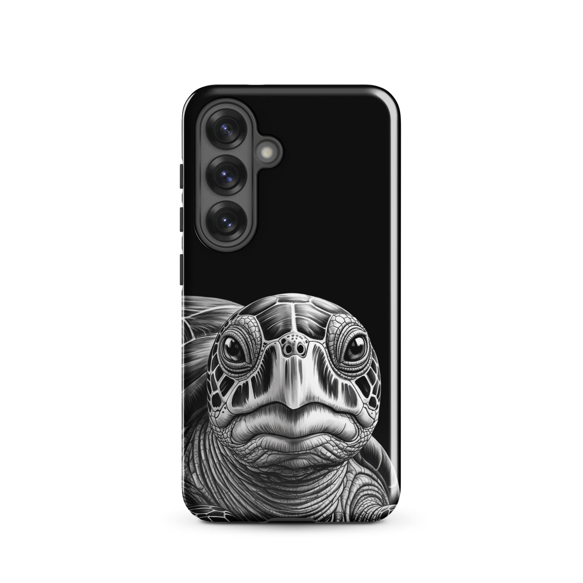 Phone Case for Samsung Galaxy with ancient sea turtle design in black and white, featuring intricate shell and soulful gaze.
