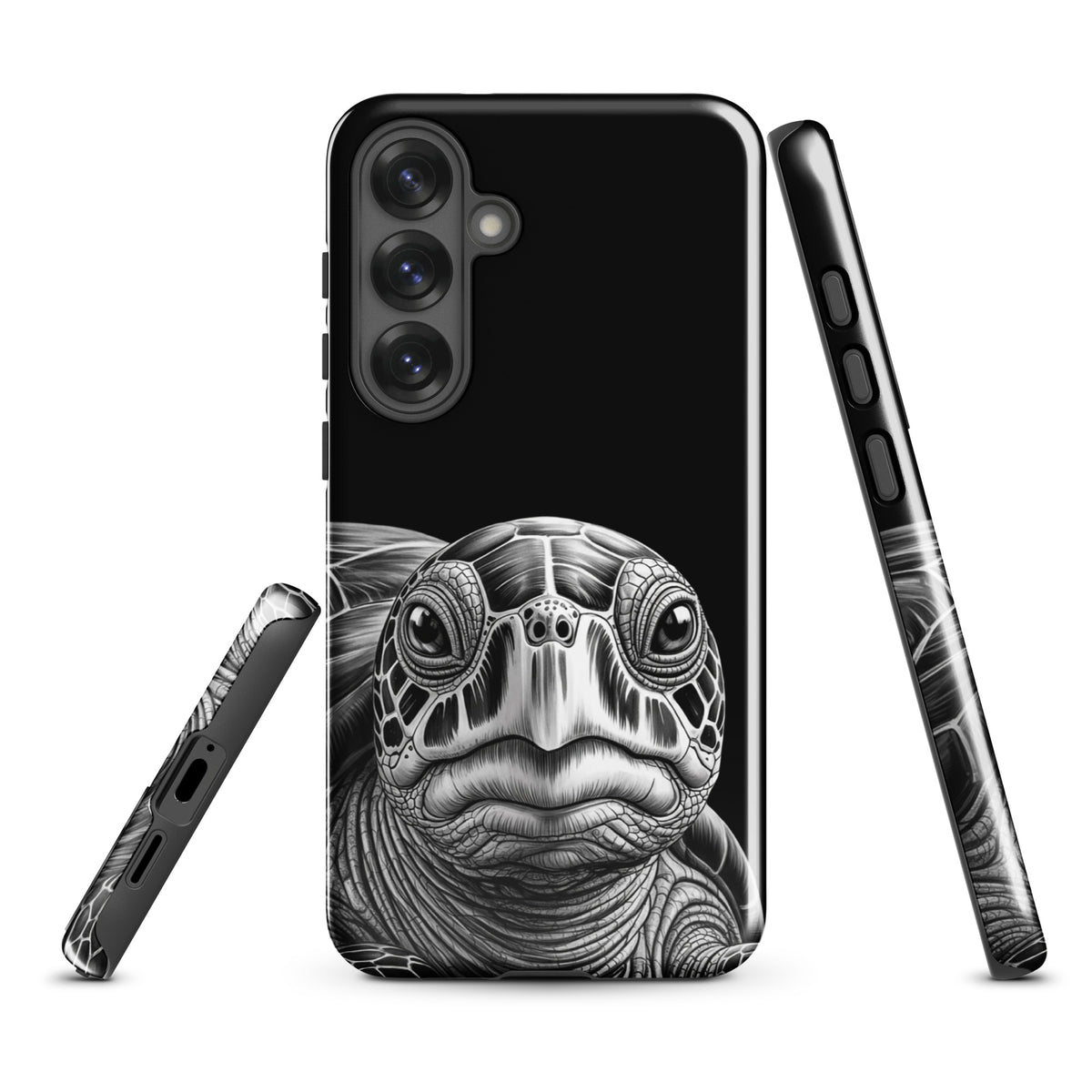 Phone Case for Samsung Galaxy featuring a detailed black and white sketch of an ancient sea turtle, blending art and protection.