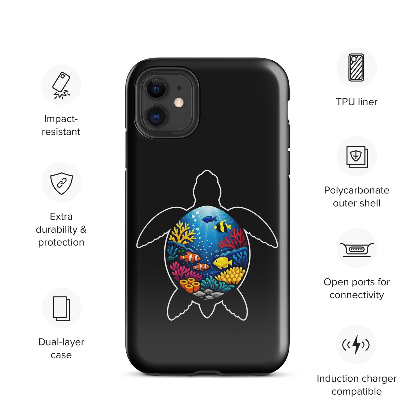 Phone Case with vibrant sea turtle reef design on black background, fits iPhone, showcasing marine life and colorful coral-reef artistry.