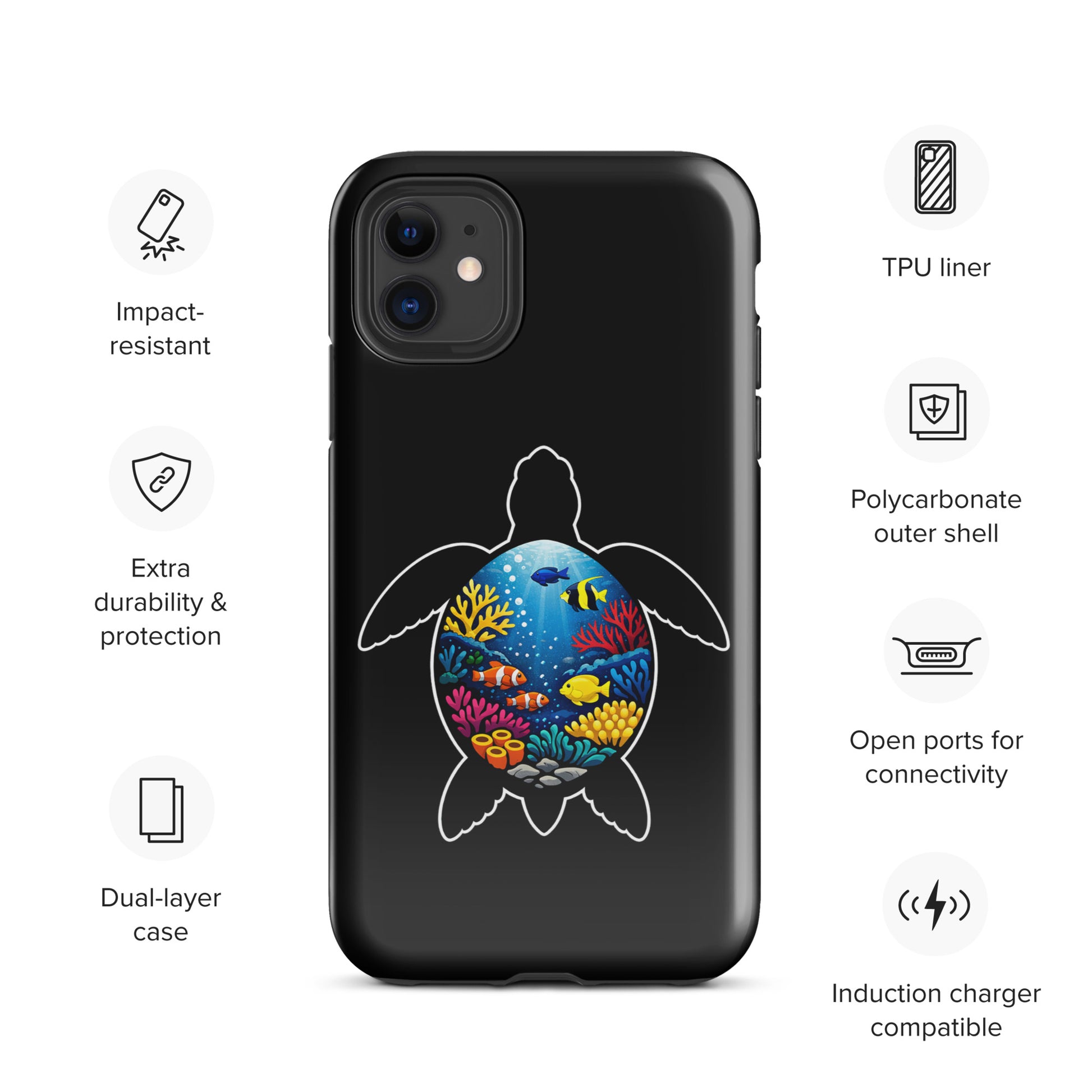 Phone Case with vibrant sea turtle reef design on black background, fits iPhone, showcasing marine life and colorful coral-reef artistry.