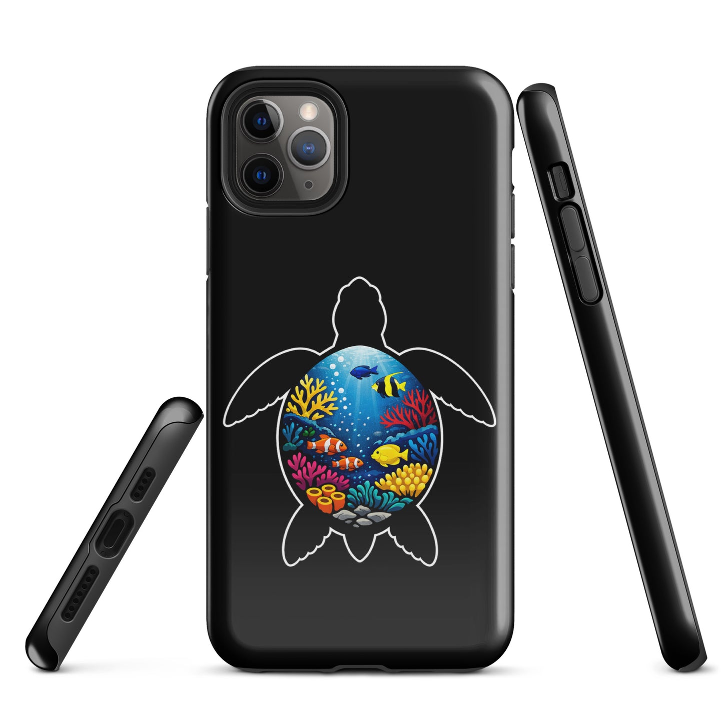 Phone Case for iPhone featuring a vibrant sea turtle and coral reef design, highlighting marine life art and durability.