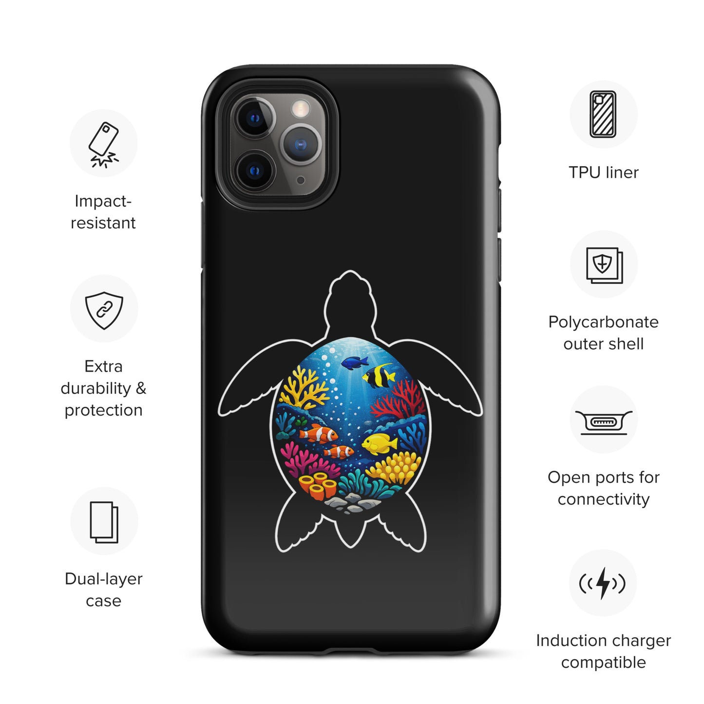 Phone Case for iPhone with vibrant sea turtle reef design featuring coral reef and marine life illustration, durable and stylish accessory.