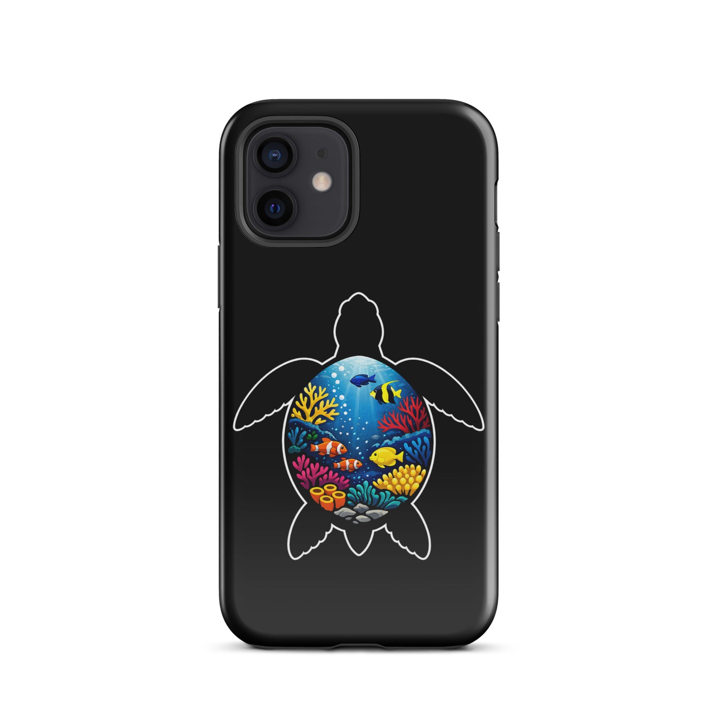 Phone Case for iPhone with vibrant sea turtle reef design on black background.