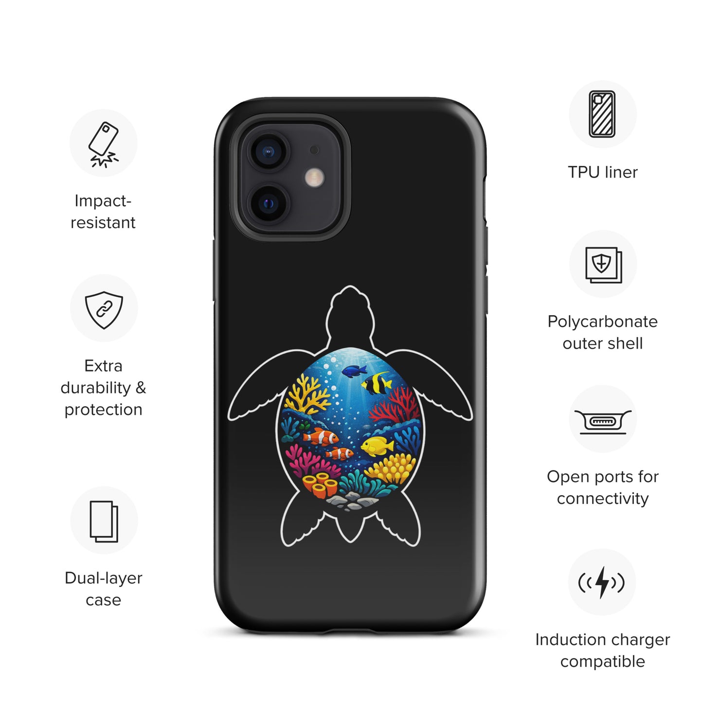 Phone Case for iPhone with vibrant sea turtle reef design offering impact-resistant protection and open ports for connectivity.