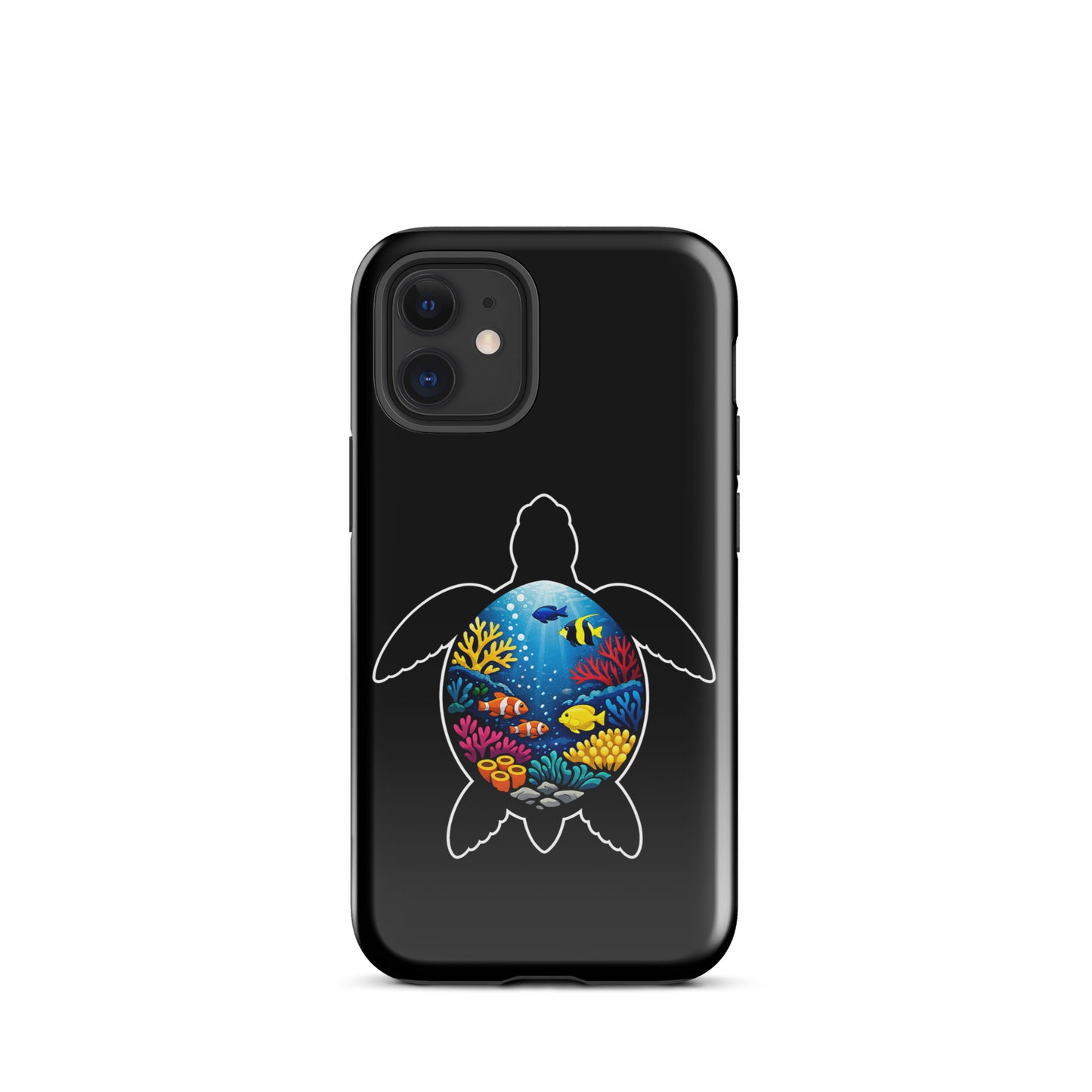 Phone Case for iPhone with vibrant sea turtle reef design showing colorful marine life illustration on black background.