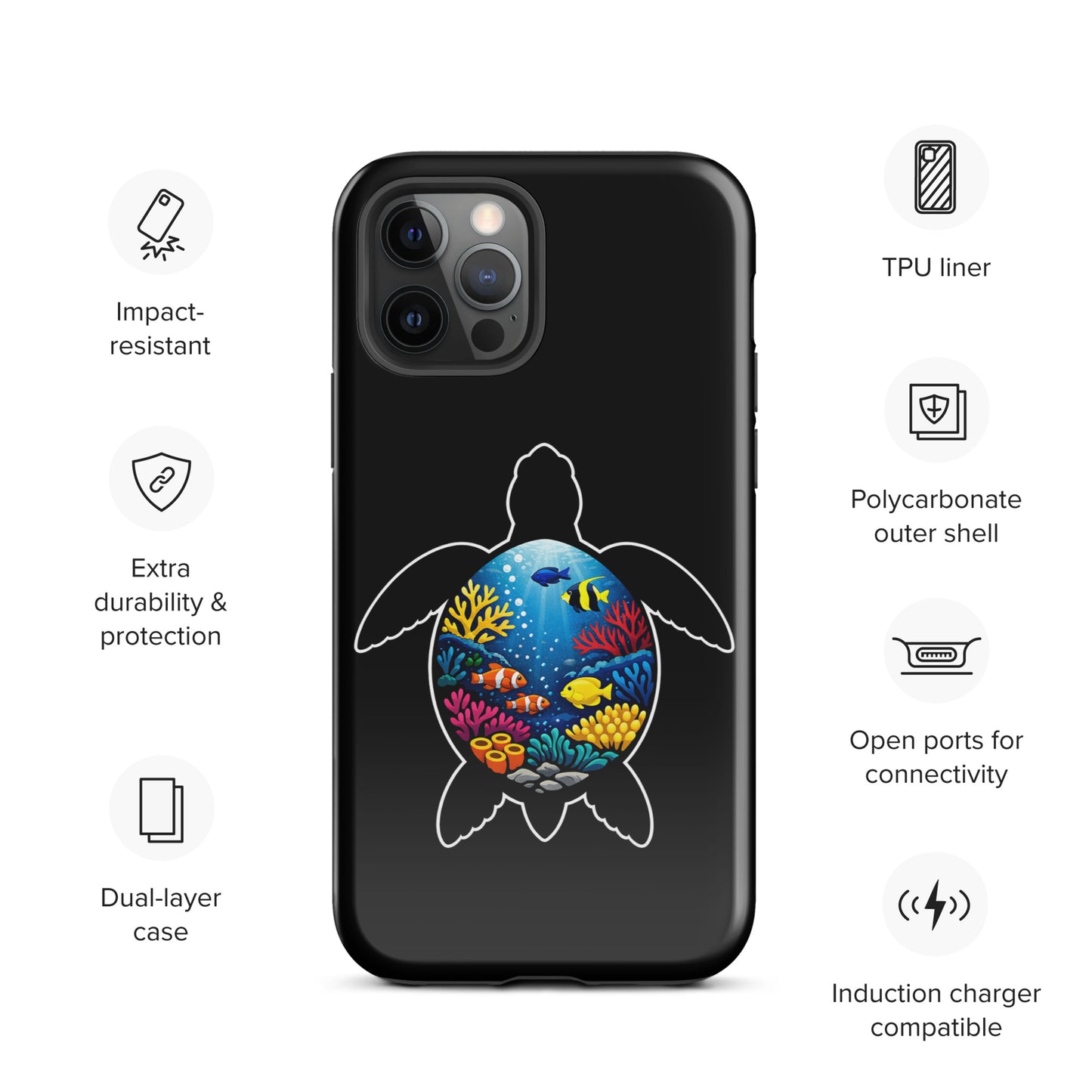 Phone Case for iPhone with sea turtle reef design offering durability and style; impact-resistant and charger compatible.