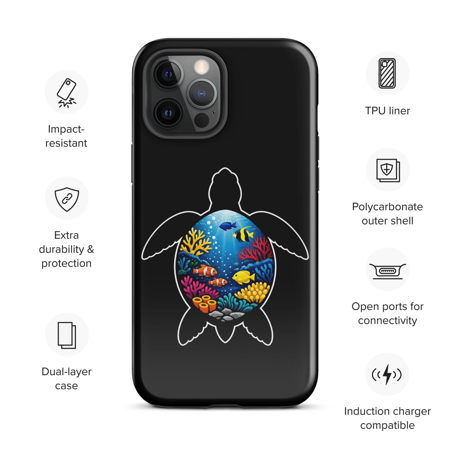 Phone Case for iPhone featuring vibrant sea turtle and coral reef design, showcasing marine life illustration, ideal for style and protection.