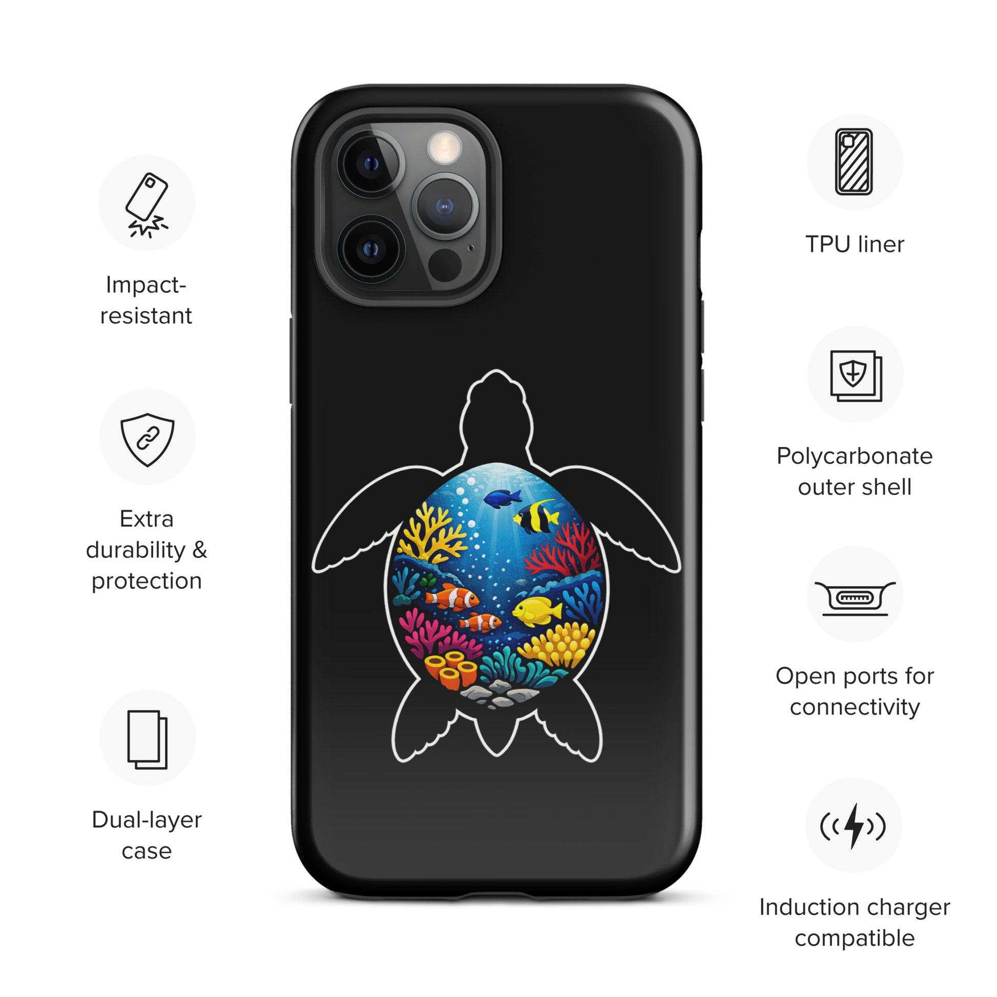Phone Case for iPhone featuring vibrant sea turtle and coral reef design, showcasing marine life illustration, ideal for style and protection.