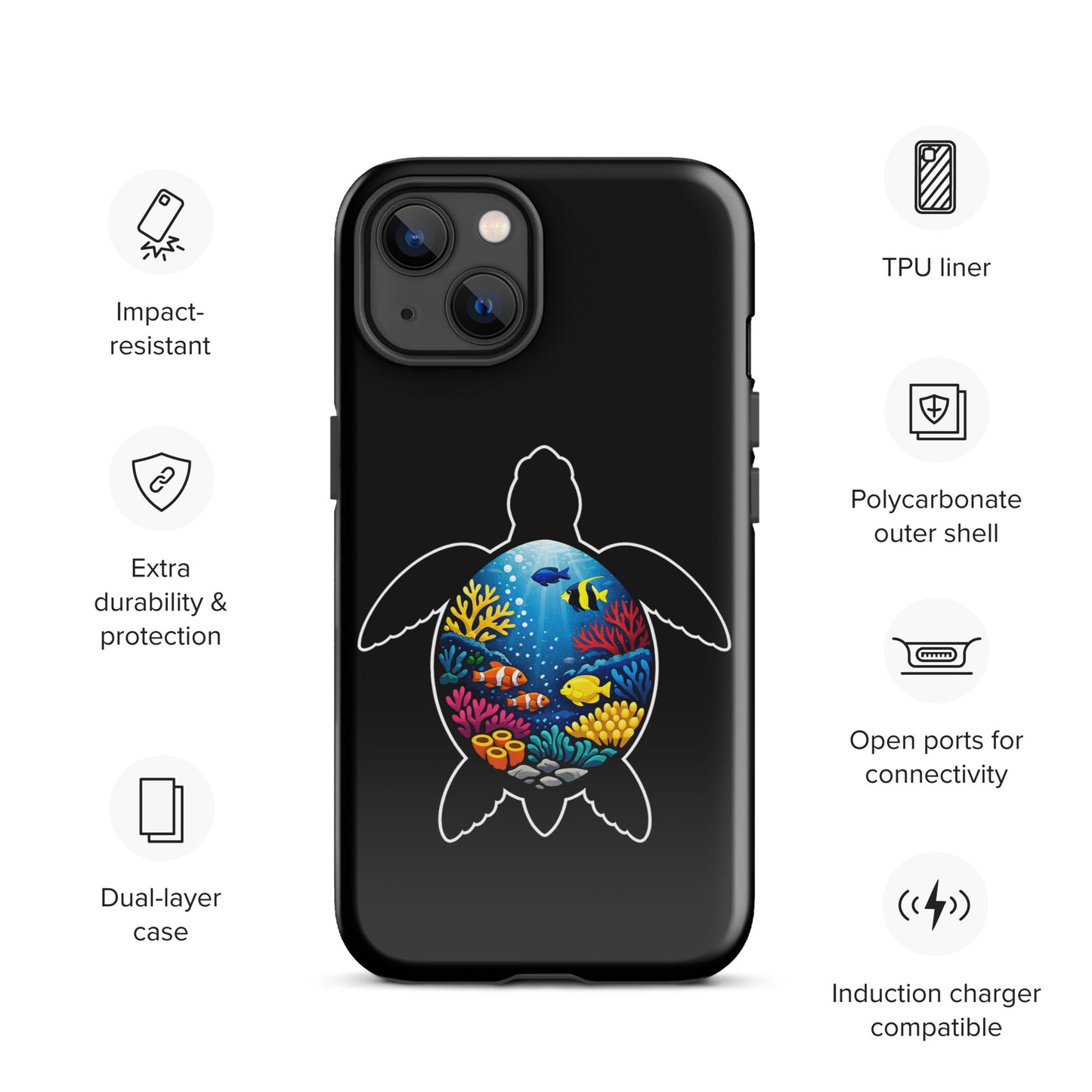 Phone Case for iPhone with vibrant sea turtle reef design, showcasing colorful coral and marine life on black background.