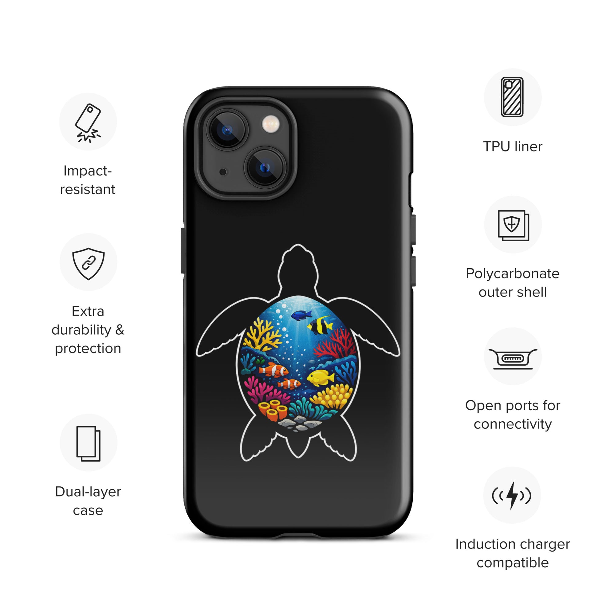 Phone Case for iPhone with vibrant sea turtle reef design, showcasing colorful coral and marine life on black background.
