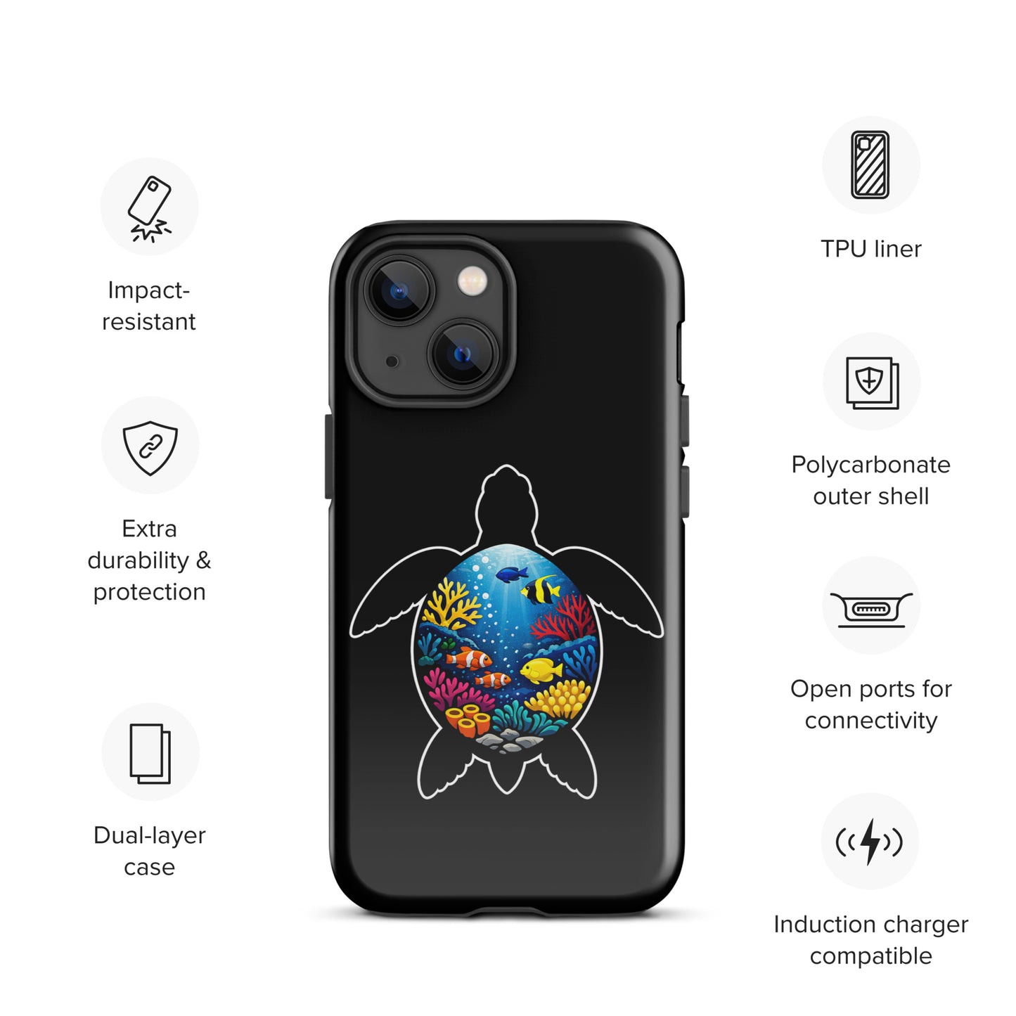 Phone Case with sea turtle reef design for iPhone offering dual-layer protection and vibrant marine art.