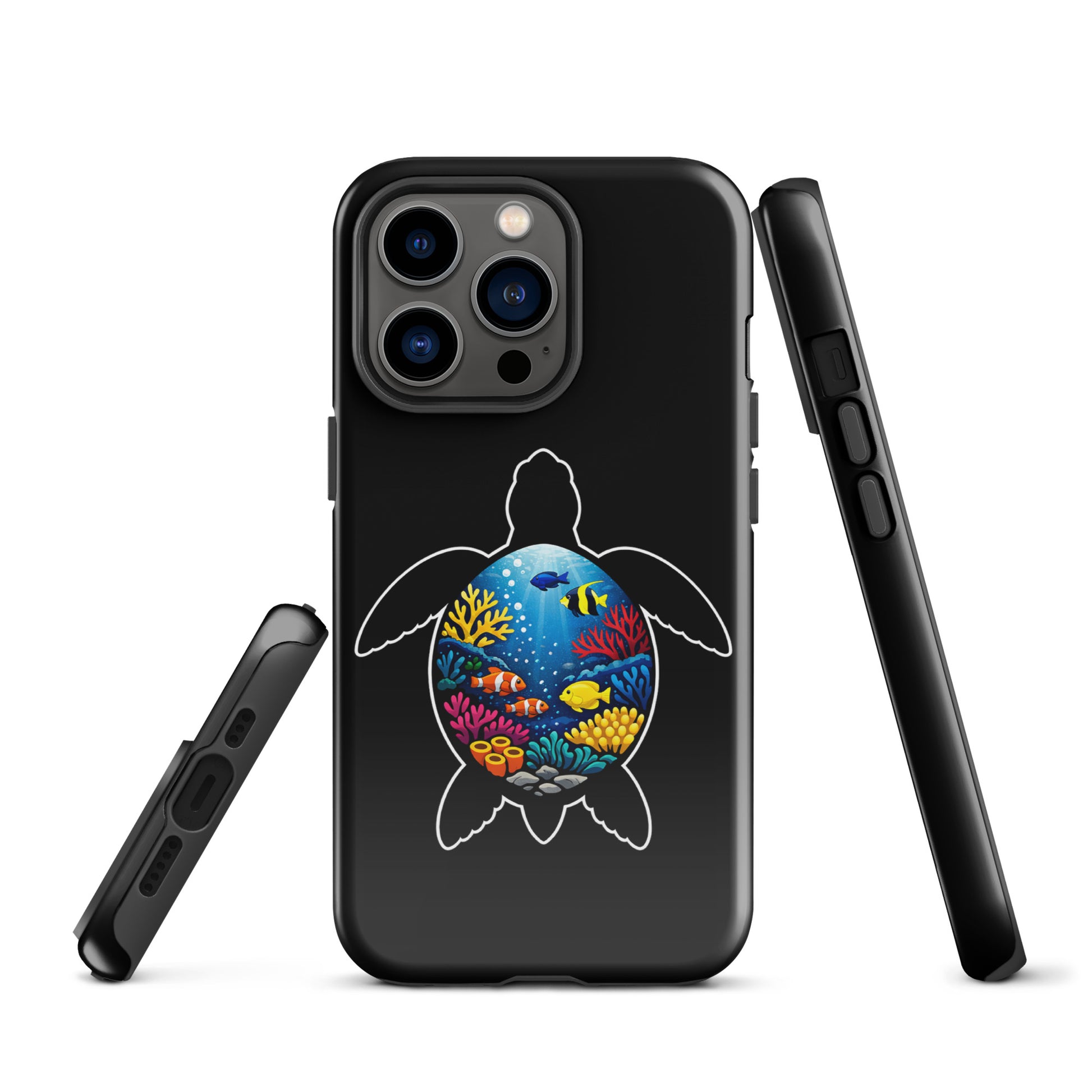 Phone Case for iPhone featuring vibrant sea turtle reef design, showcasing bold coral colors and ocean-inspired artwork.