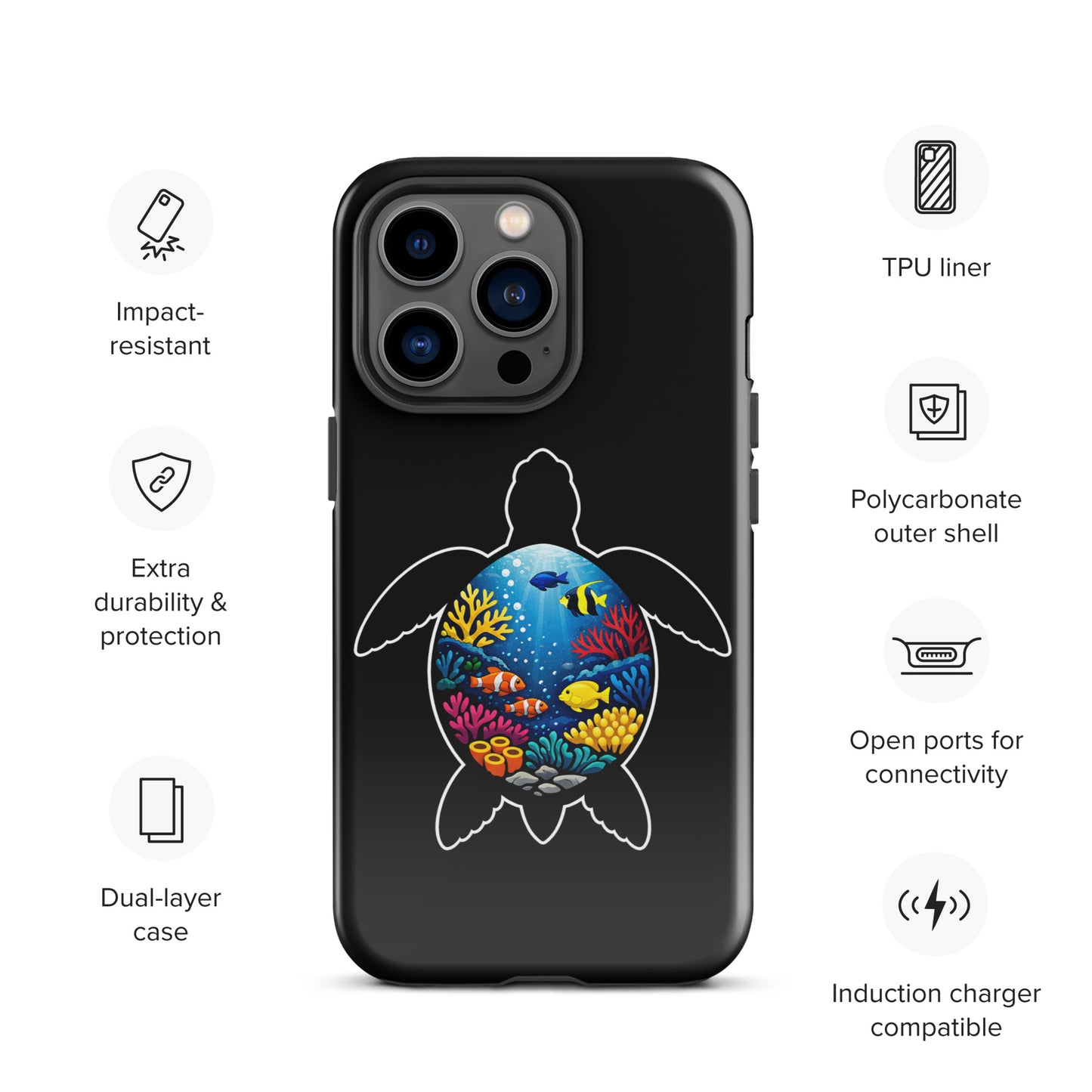 Phone Case for iPhone with sea turtle reef design, dual-layer protection, impact-resistant, and induction charger compatible features.