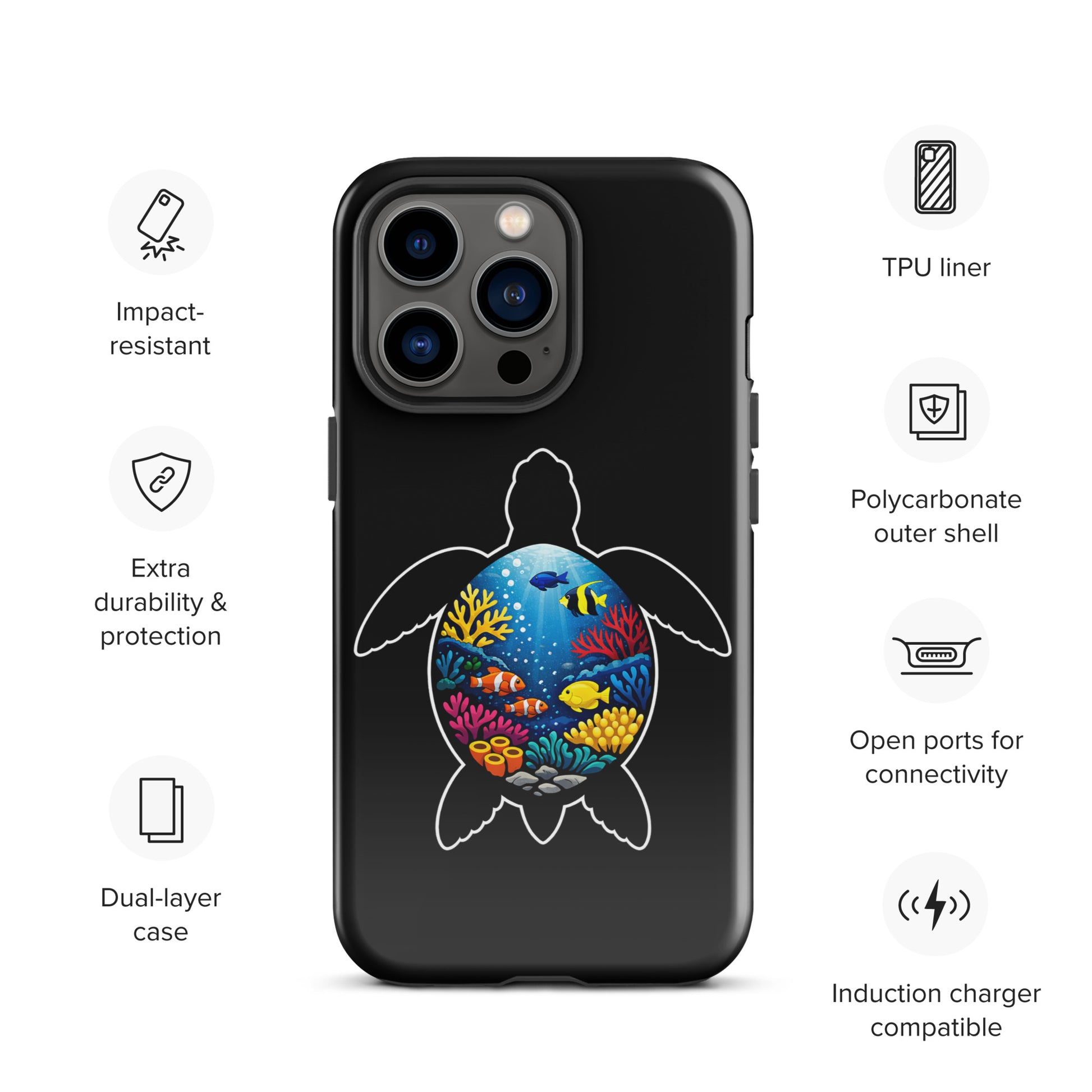 Phone Case for iPhone with sea turtle reef design, dual-layer protection, impact-resistant, and induction charger compatible features.