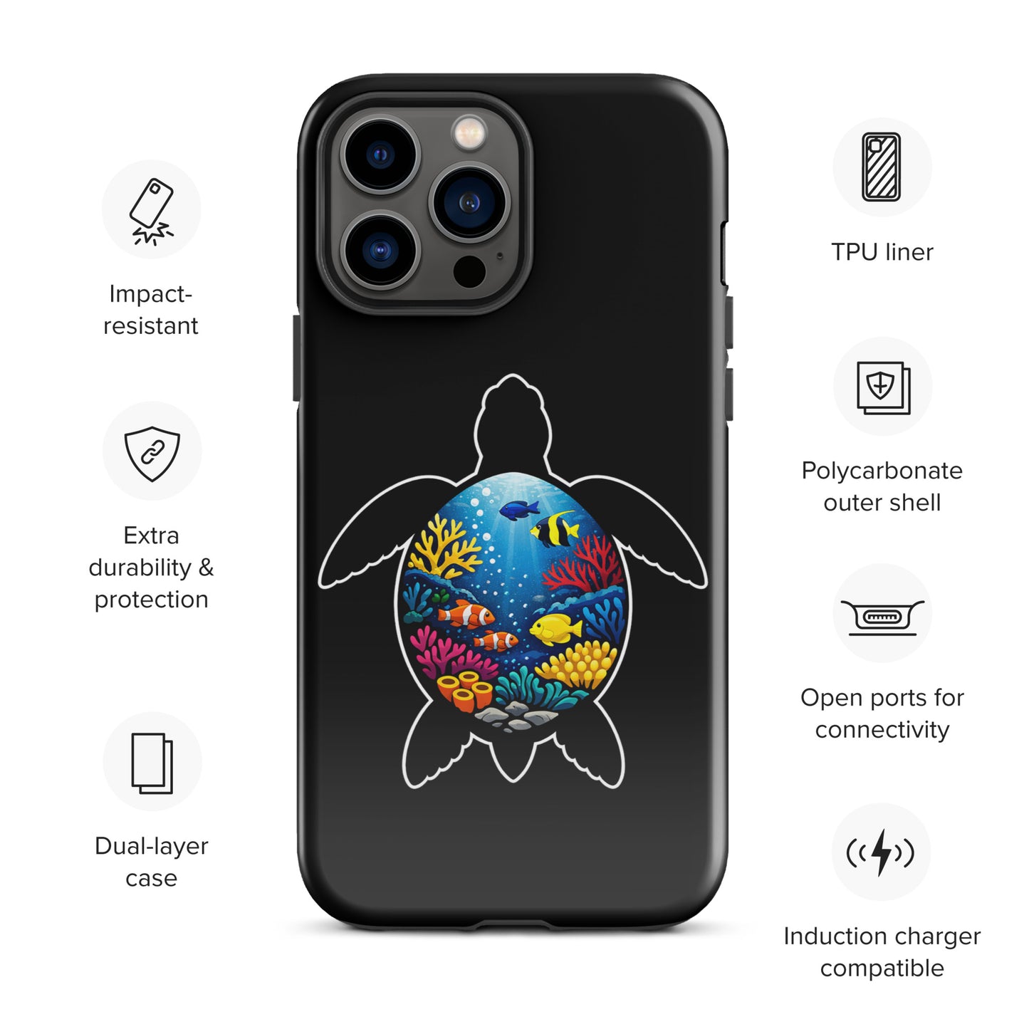 Phone Case with vibrant sea turtle reef design featuring illustrated coral-reef scene for stylish and durable iPhone protection.