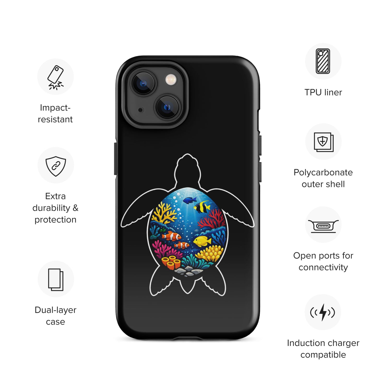 Phone Case for iPhone with vibrant sea turtle reef design, showcasing colorful coral scene, impact-resistant and durable.