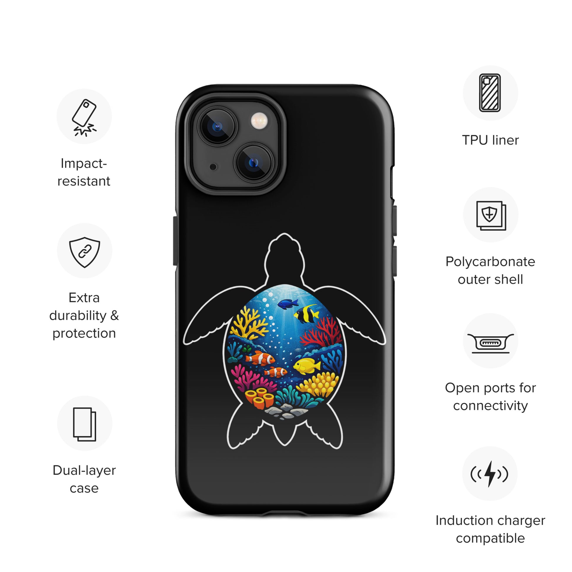 Phone Case for iPhone with vibrant sea turtle reef design, showcasing colorful coral scene, impact-resistant and durable.