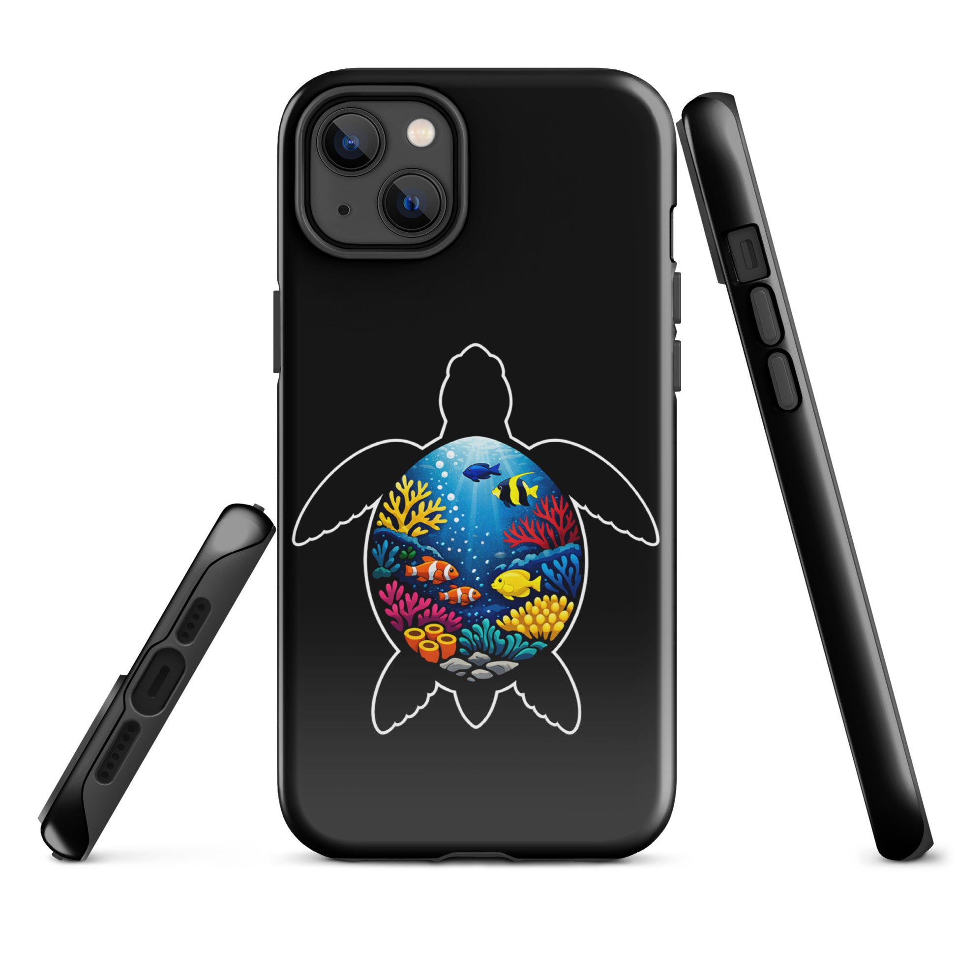 Phone Case for iPhone featuring vibrant sea turtle reef design with colorful coral and marine life illustration, combining style and durability.