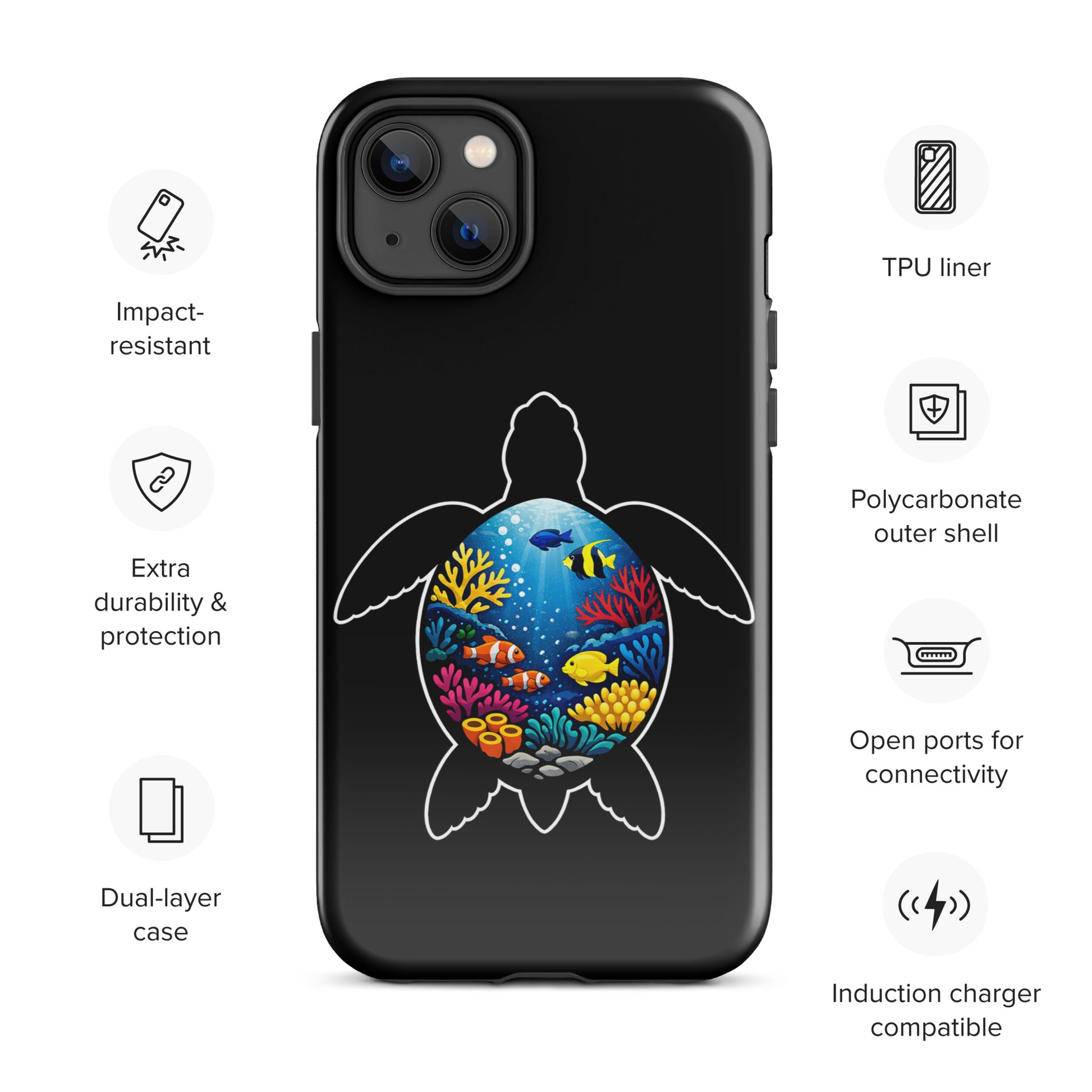 Phone Case with vibrant sea turtle reef design offering durability and protection. Perfect for marine life enthusiasts.