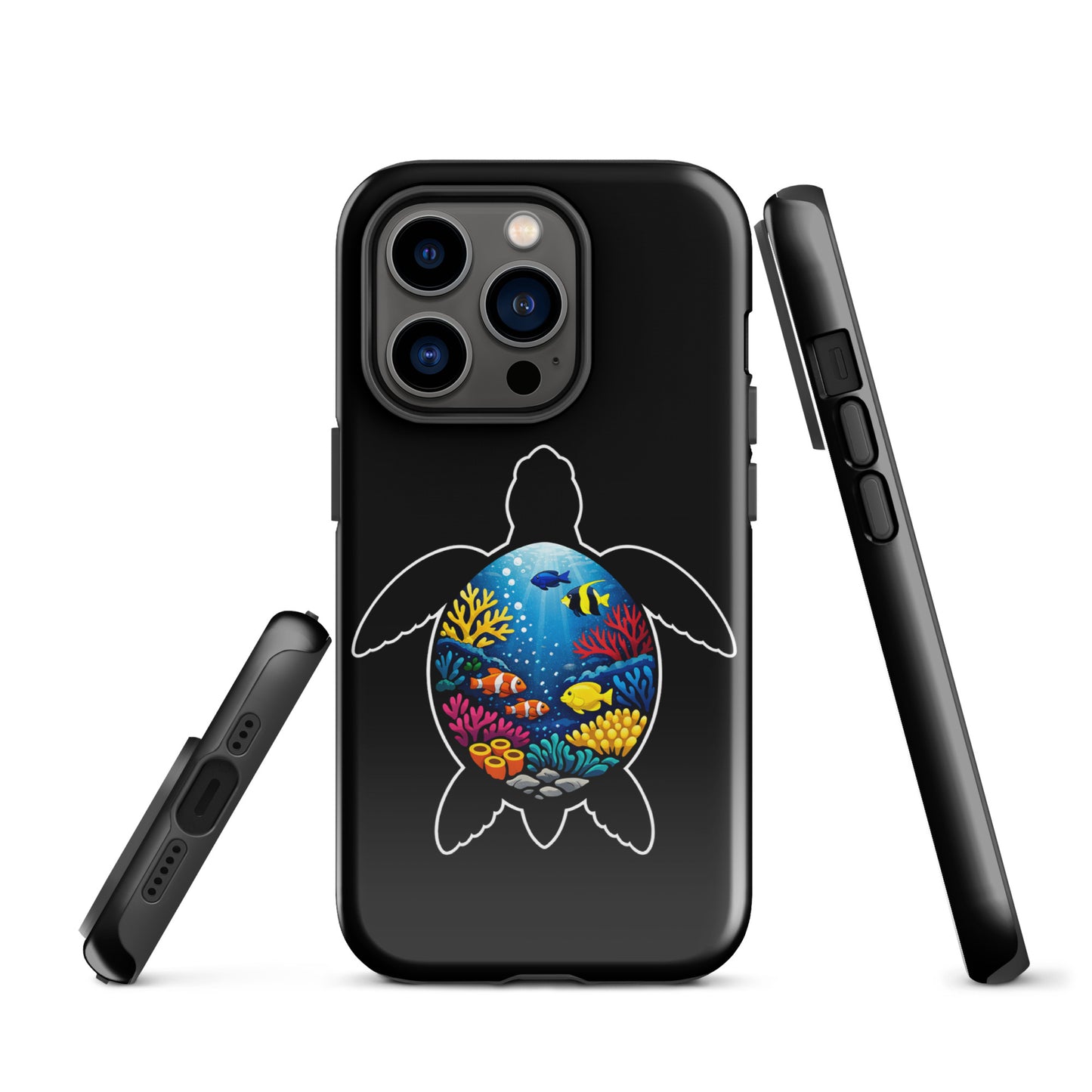 Black Phone Case for iPhone with vibrant sea turtle reef design featuring colorful coral and marine life illustration.