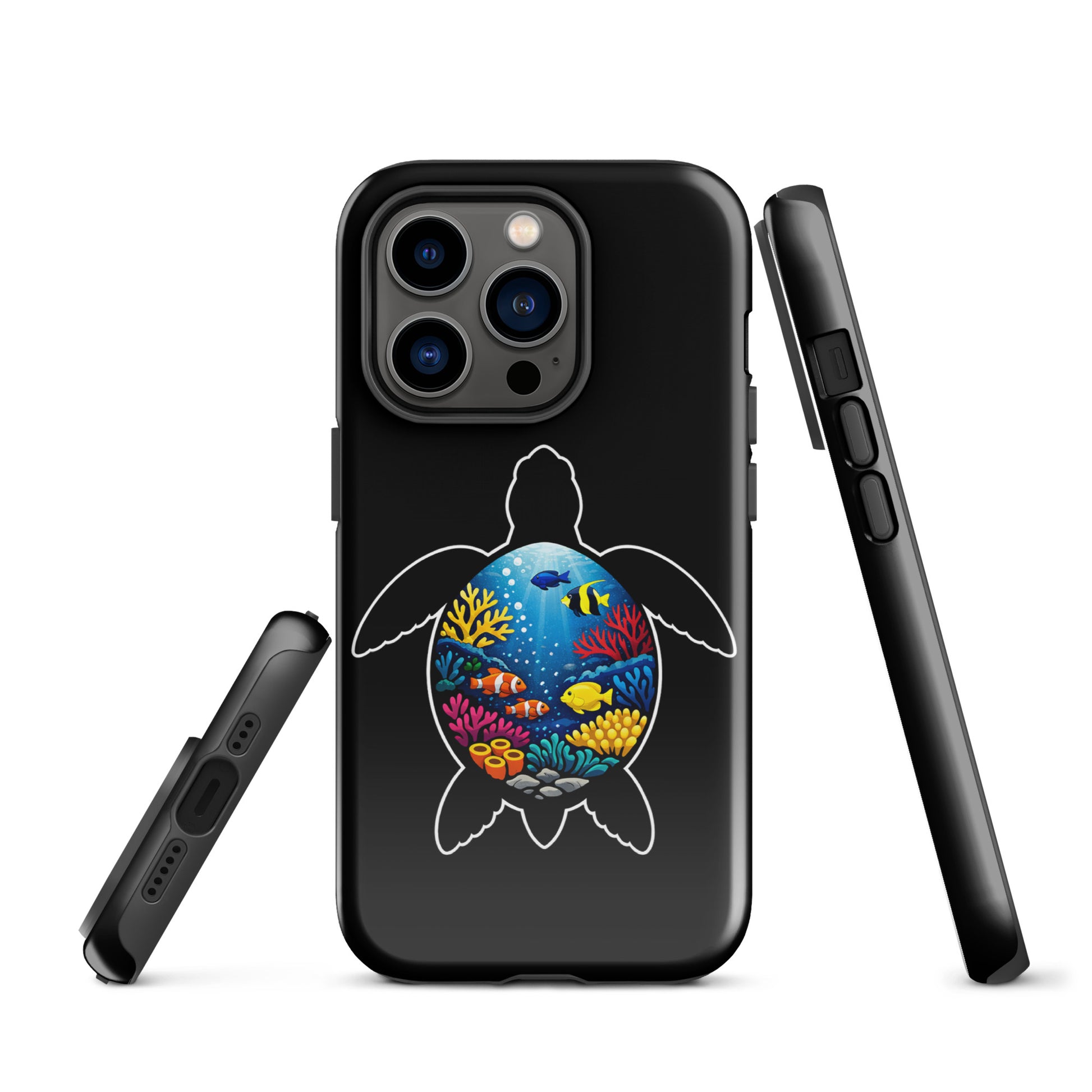 Black Phone Case for iPhone with vibrant sea turtle reef design featuring colorful coral and marine life illustration.