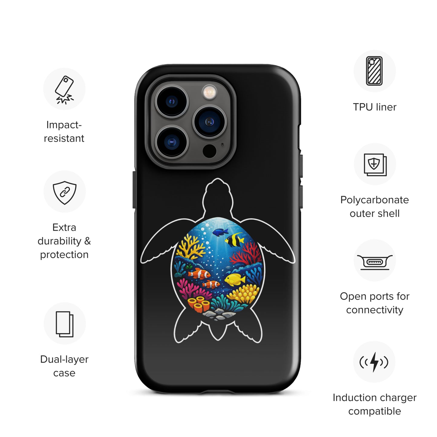 Phone Case for iPhone with vibrant sea turtle reef design, featuring a bold, ocean-inspired illustration and dual-layer protection.