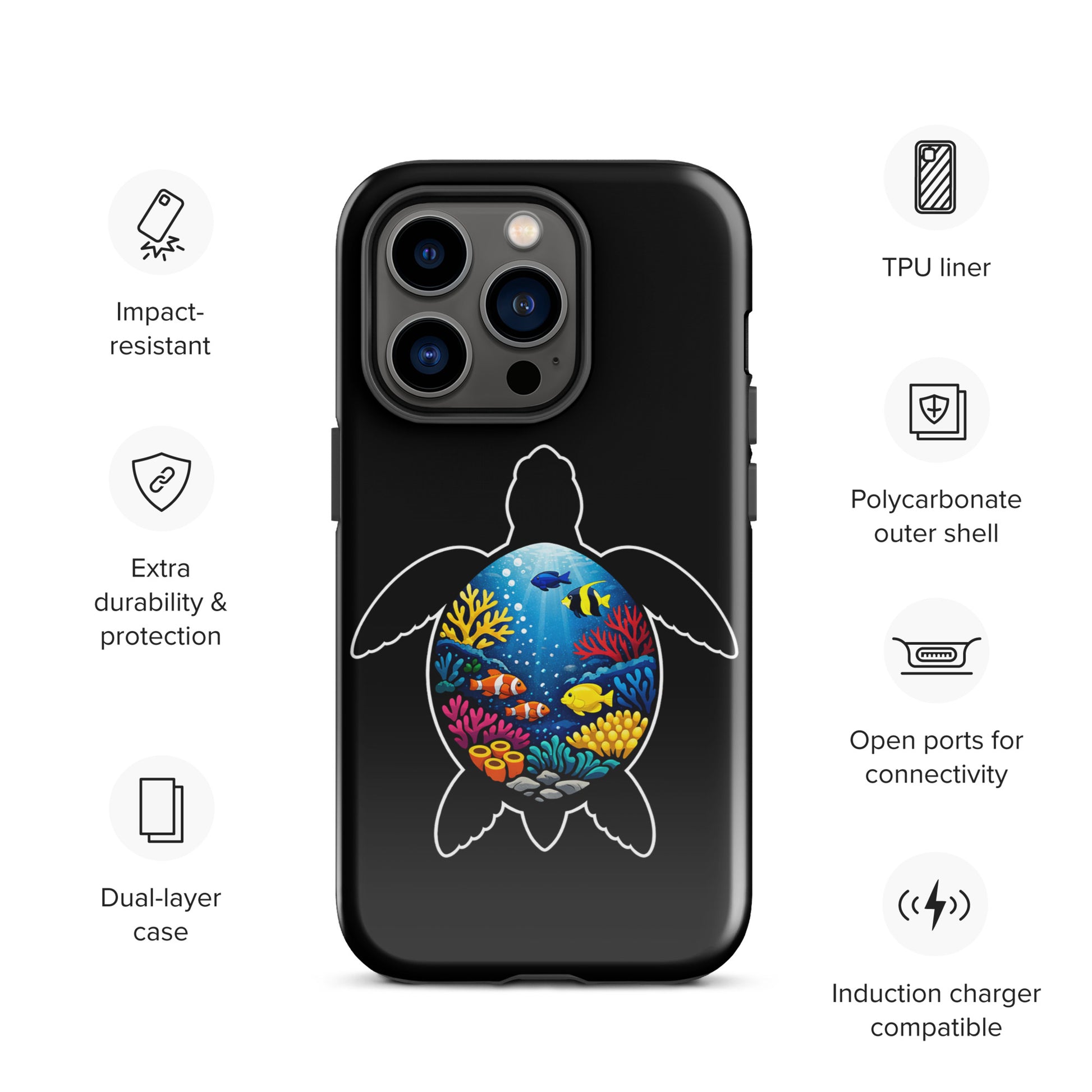 Phone Case for iPhone with vibrant sea turtle reef design, featuring a bold, ocean-inspired illustration and dual-layer protection.