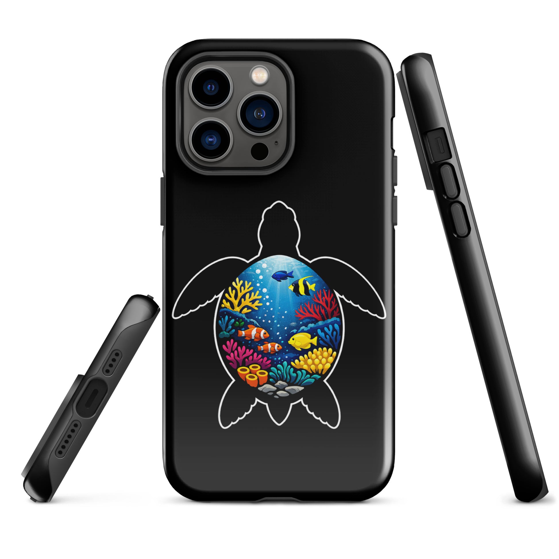 Phone Case with vibrant sea turtle reef design for iPhone, featuring bold coral reef illustration and marine life aesthetics.