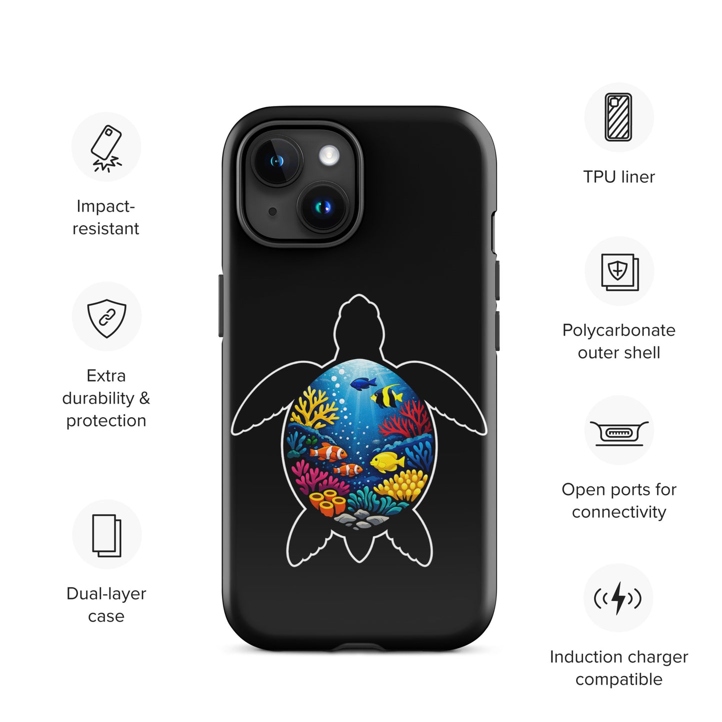 Phone Case for iPhone with vibrant sea turtle reef design, featuring coral and marine life illustration. Durable and stylish ocean-themed accessory.
