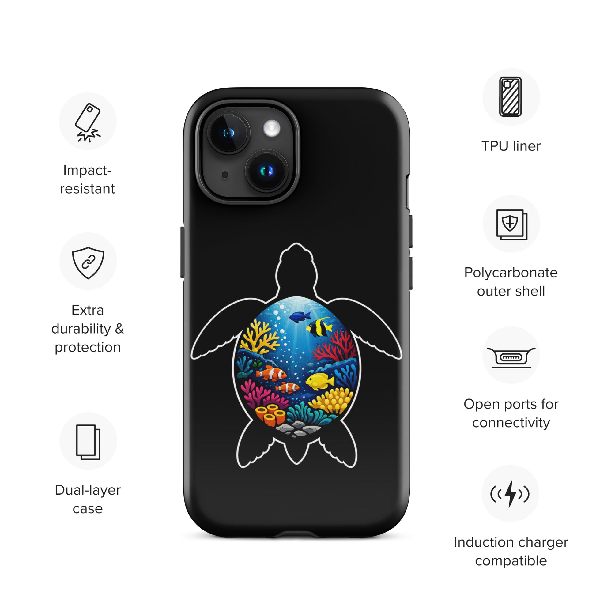 Phone Case for iPhone with vibrant sea turtle reef design, featuring coral and marine life illustration. Durable and stylish ocean-themed accessory.
