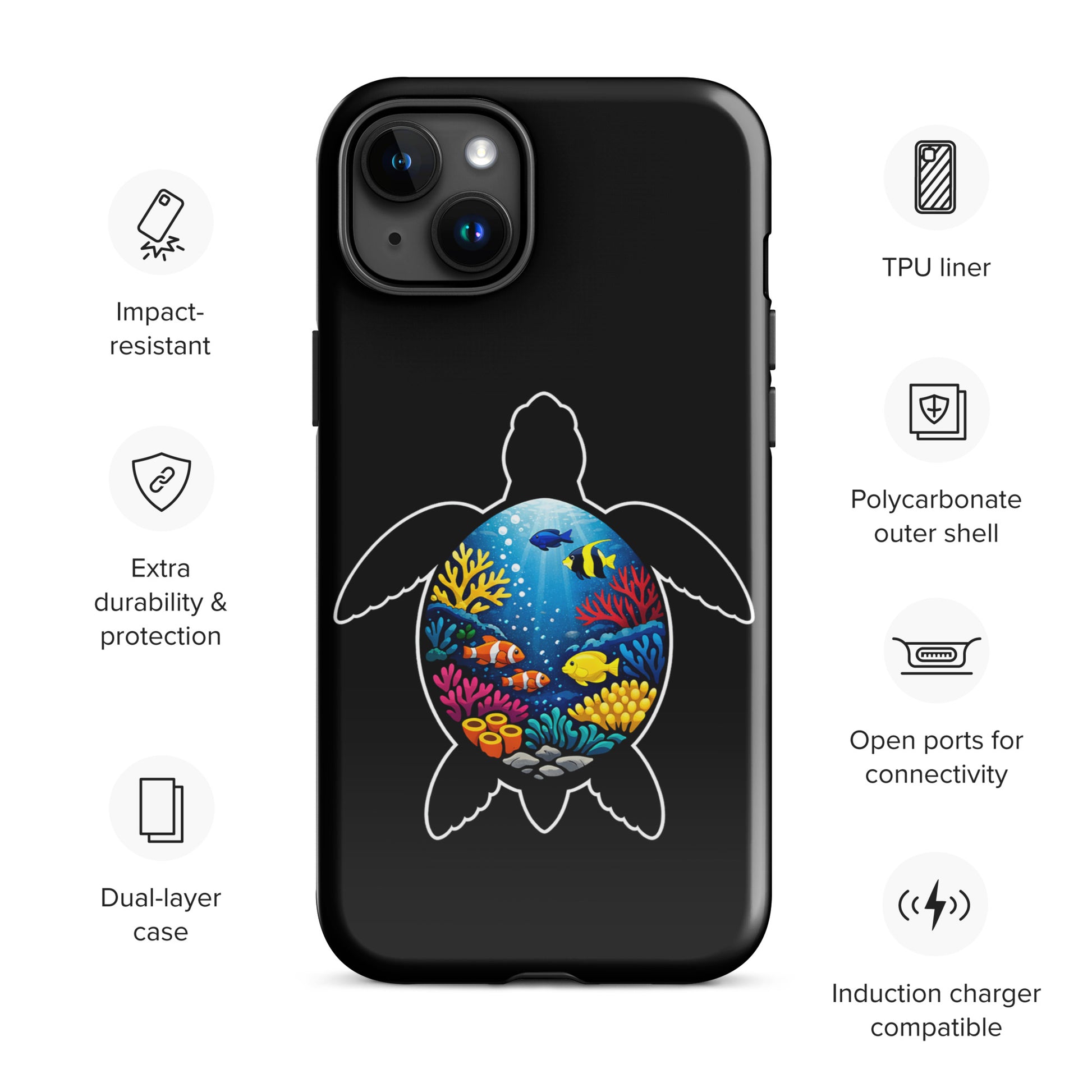 Phone Case for iPhone with sea turtle reef design, showcasing vibrant coral and marine life. Stylish, durable accessory for ocean lovers.