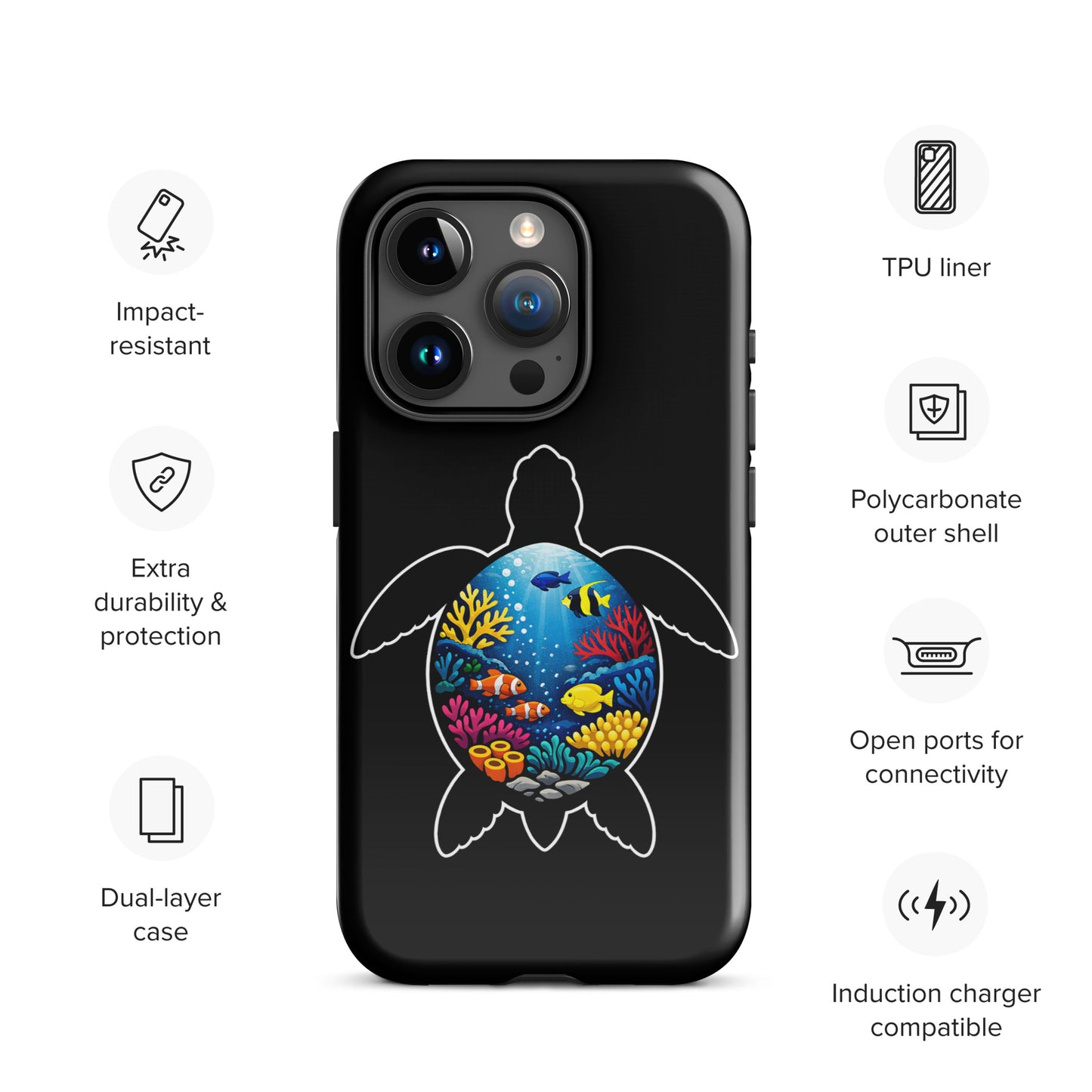 Phone Case for iPhone with ocean-inspired sea turtle reef design, showcasing vibrant marine life and durable protection features.
