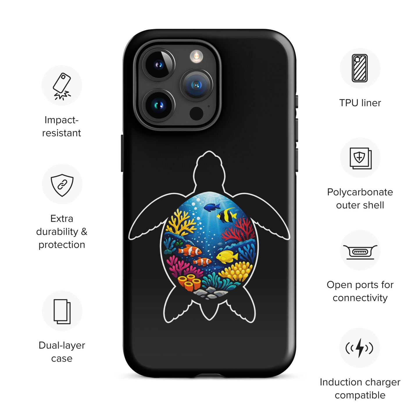 Phone Case featuring vibrant sea turtle reef design for iPhone, dual-layer structure, impact-resistant, and induction charger compatible.