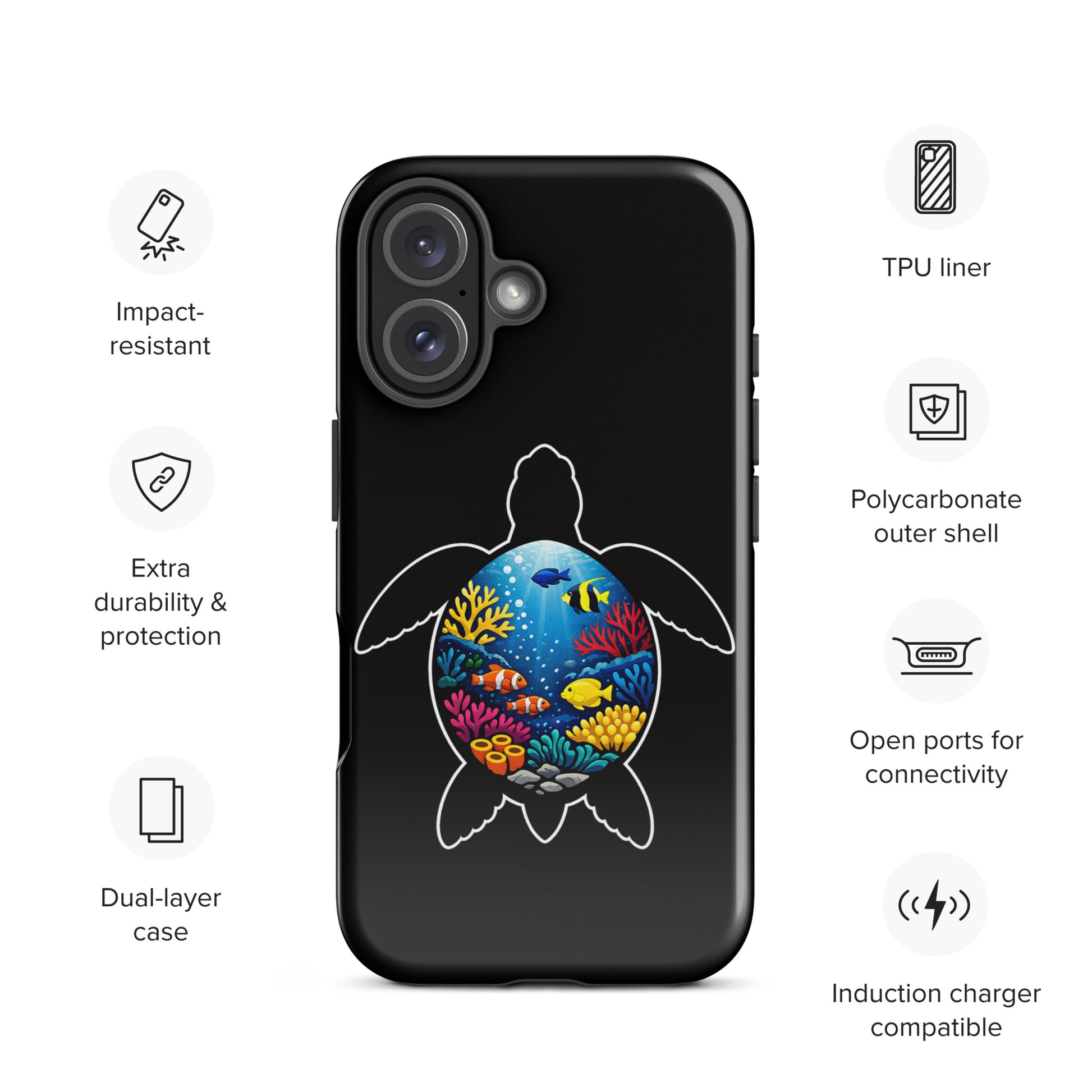 Phone Case for iPhone with vibrant sea turtle coral reef design, showcasing dual-layer protection and marine life artistry.