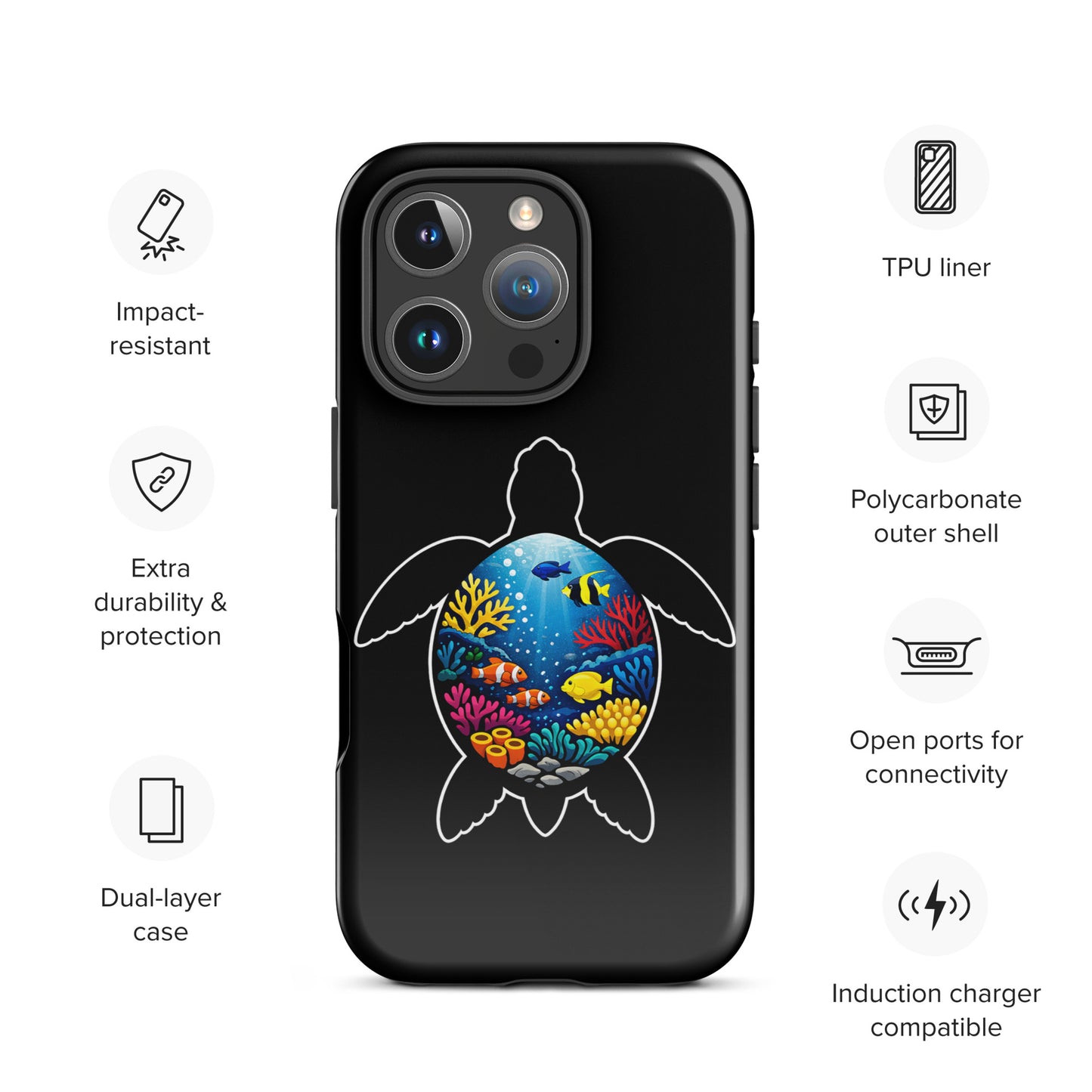 Phone Case for iPhone with sea turtle reef design, showcasing coral and marine life elements, emphasizing durability and dual-layer protection.