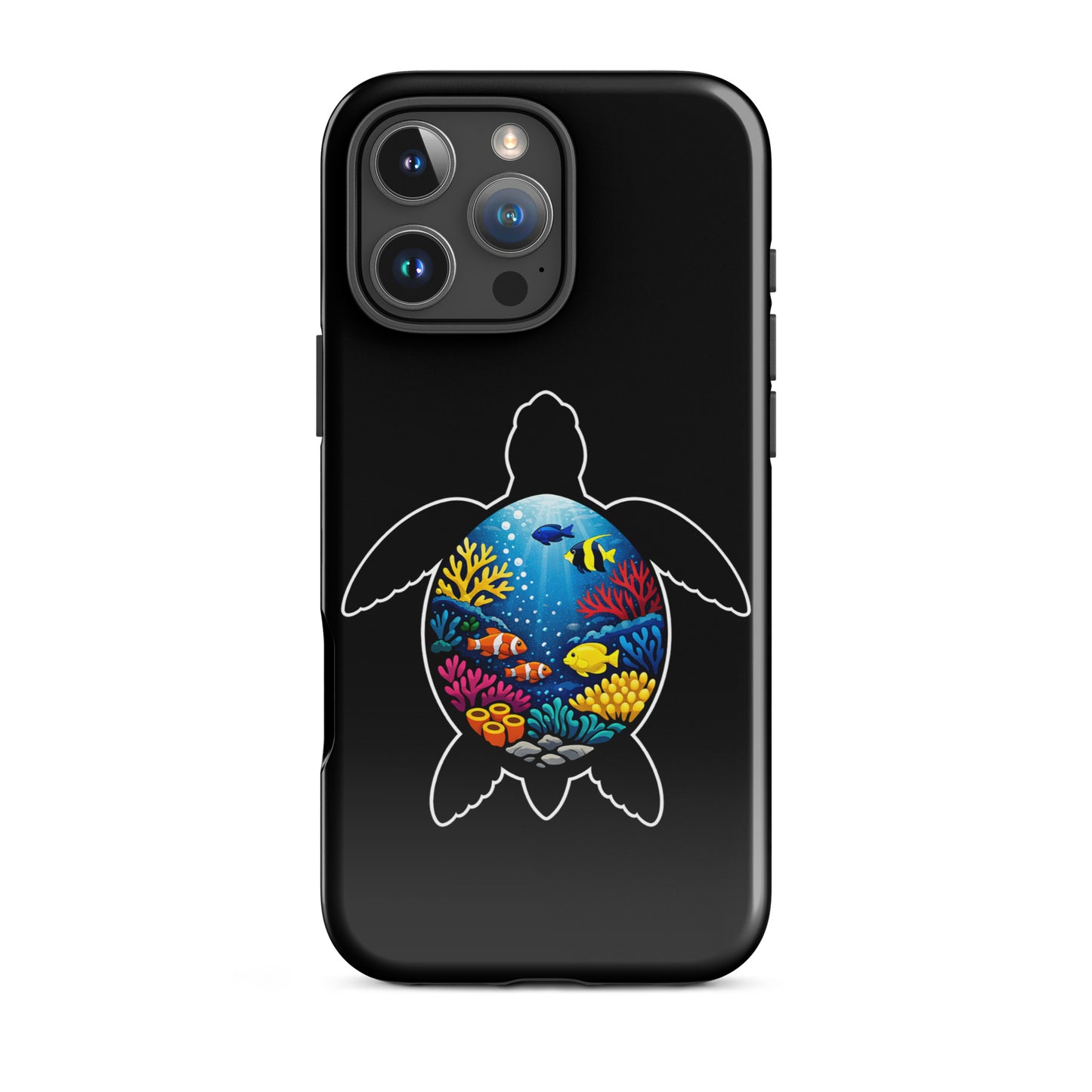 Phone Case featuring vibrant sea turtle reef design for iPhone, showcasing colorful marine life, coral, and durability.